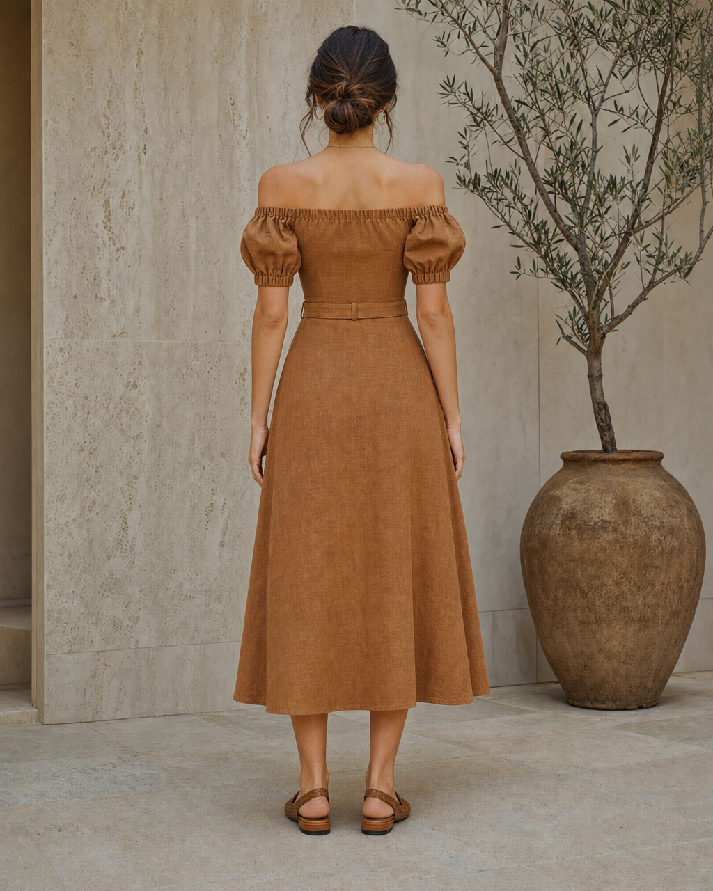 Boho Caramel Linen Off Shoulder Puff Sleeve Midi Dress with Belt MVA000310AA