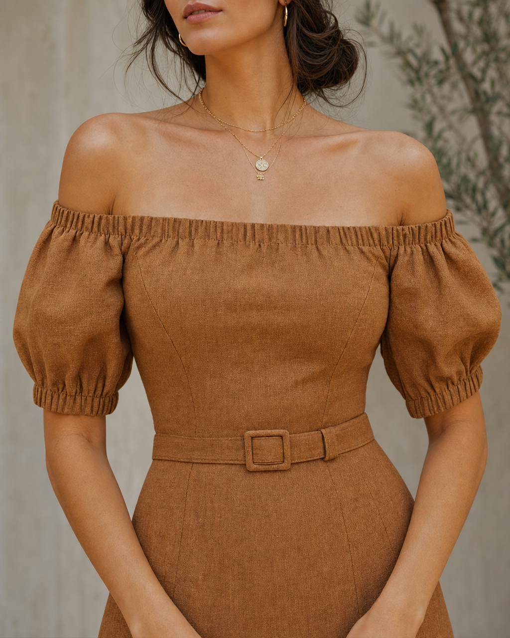 Boho Caramel Linen Off Shoulder Puff Sleeve Midi Dress with Belt MVA000310AA