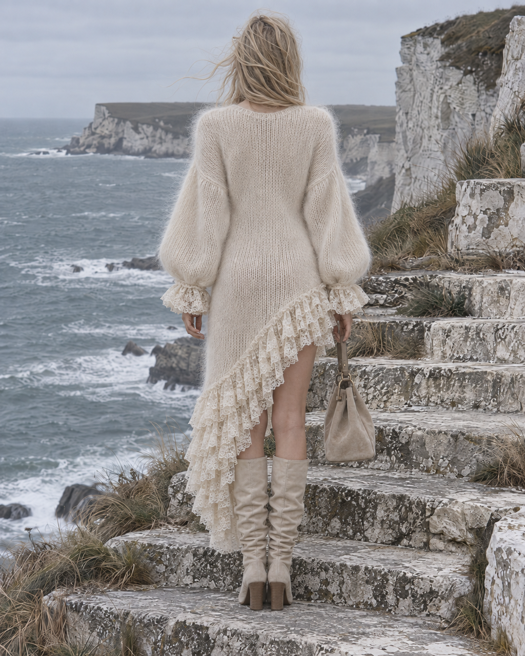 Bohemian Ivory Fuzzy Knit Balloon-sleeve Lace Ruffle Asymmetric-hem Sweater Dress MVA003120AA