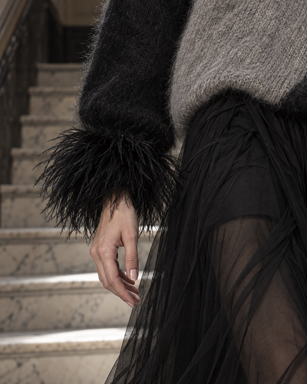 Elegant Grey And Black Colorblock Brushed-knit Feather-trim V-neck Sweater MVA003160AA
