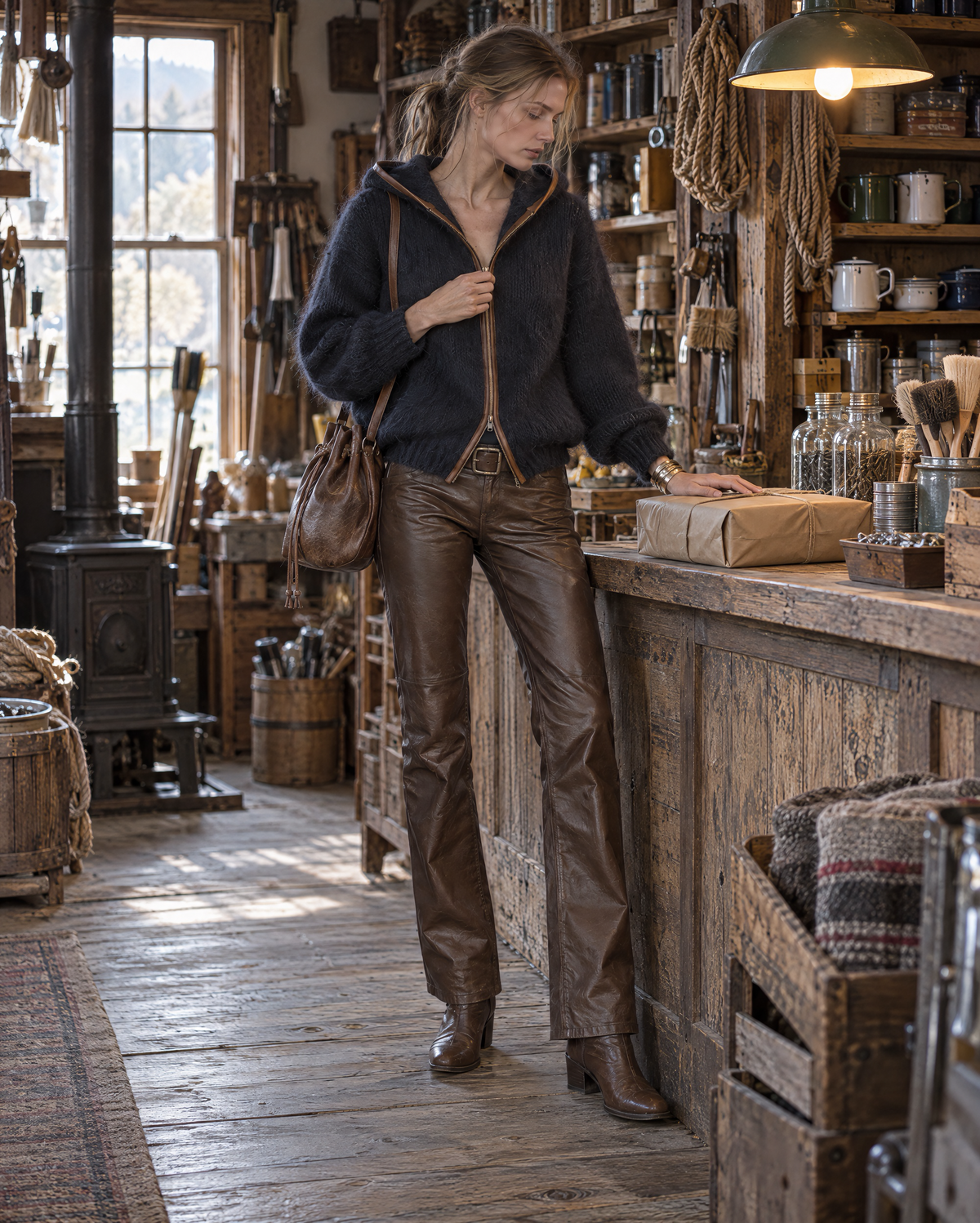 Casual Navy Brushed-knit Leather-trim Hooded Zip-up Cardigan MVA003180AA