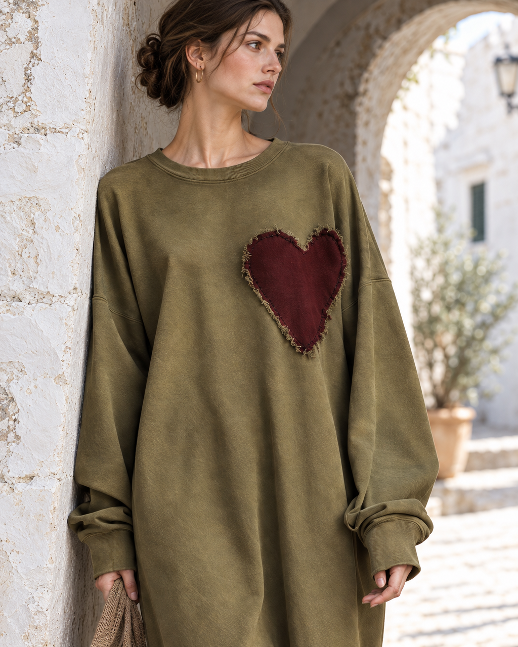 Casual Olive Green Washed Sweatshirt Heart-patch Oversized Midi Dress MVA003210AA