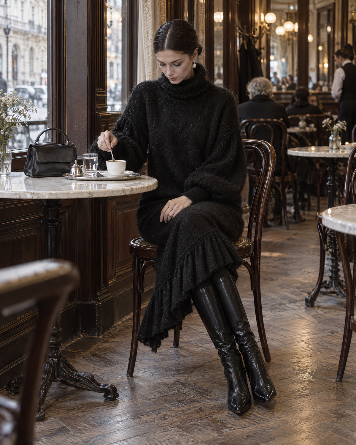 Elegant Black Brushed-knit Turtleneck Ruffle-hem Asymmetric Midi Dress MVA003280AA