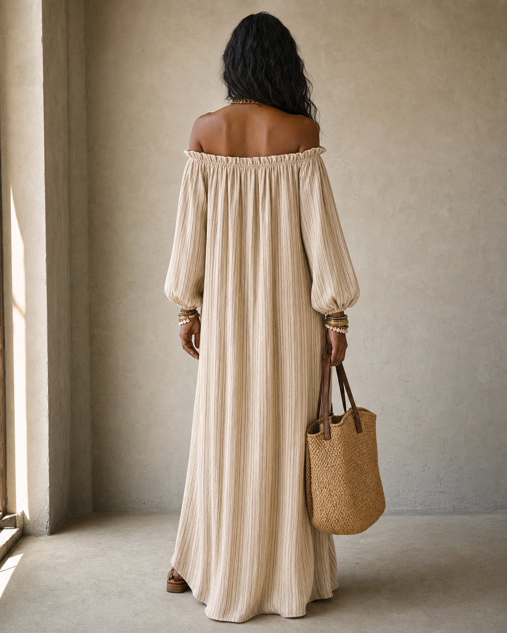 Boho Neutral Striped Linen Off Shoulder Balloon Sleeve Slit Maxi Dress MVA000330AA