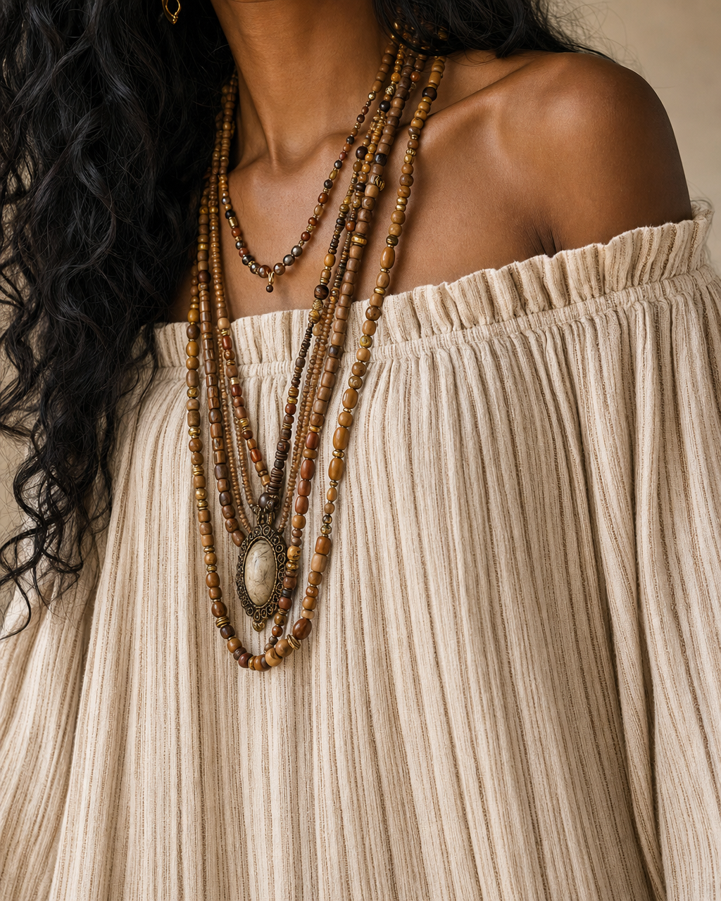 Boho Neutral Striped Linen Off Shoulder Balloon Sleeve Slit Maxi Dress MVA000330AA