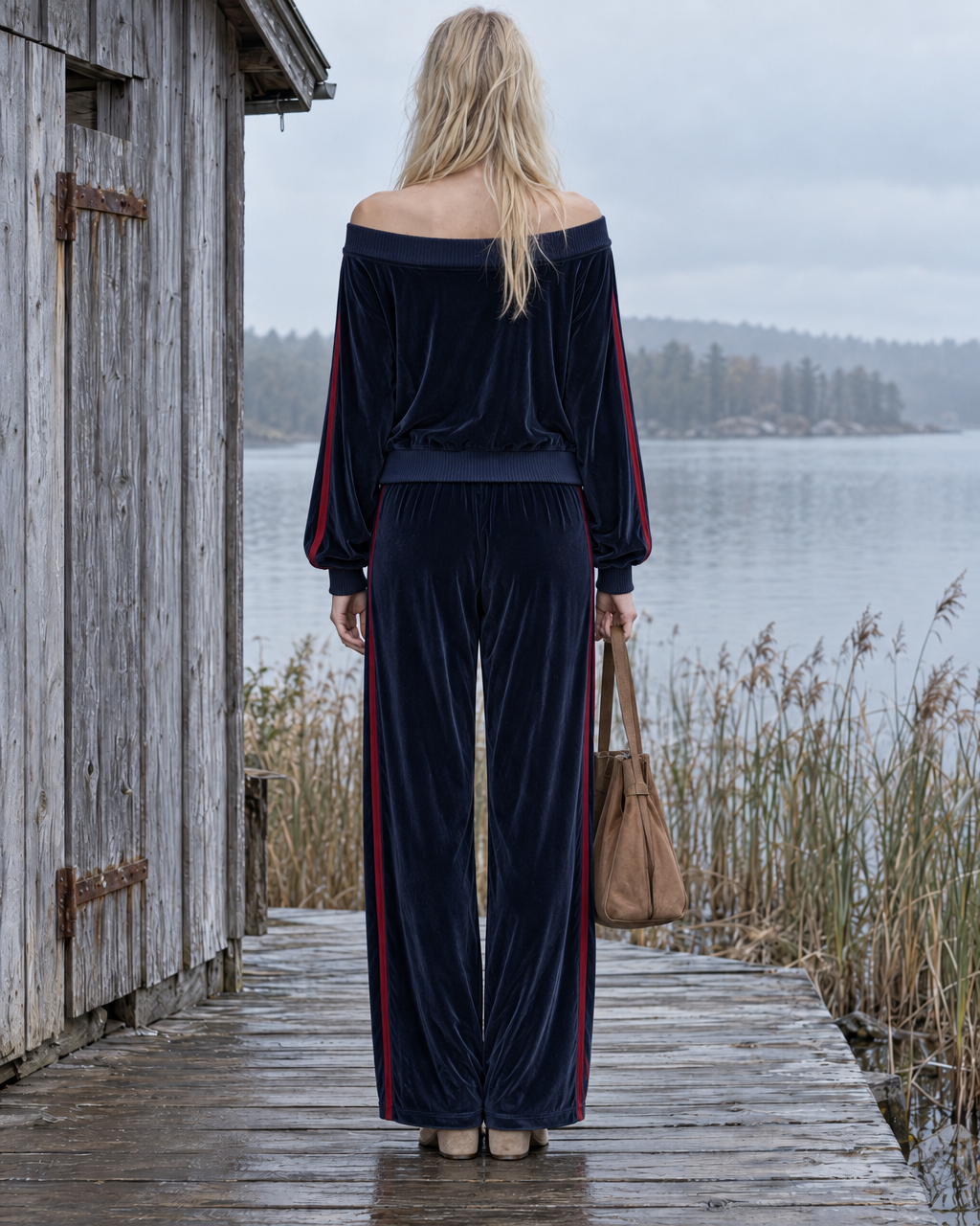 Casual Navy Velour Red-stripe Off-shoulder Henley Top And Wide-leg Pants Set MVA003360AA