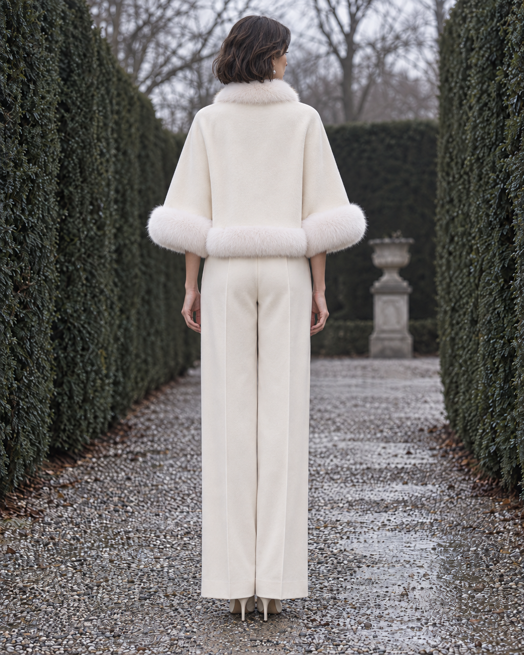 Elegant Ivory Brushed-woven Faux-fur-trim Cropped Cape Jacket MVA003400AA