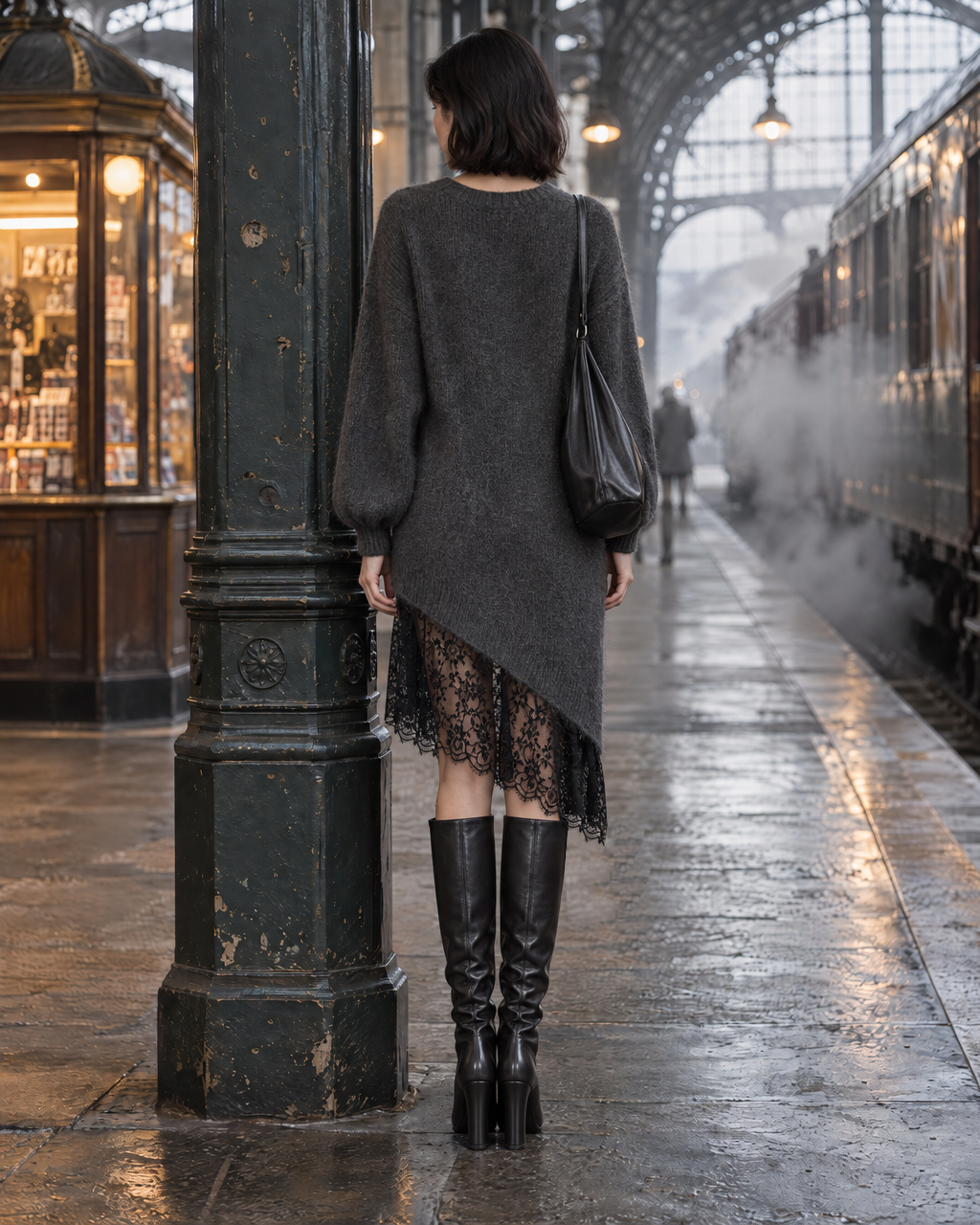 Casual Charcoal Grey Brushed Knit V-neck Long-sleeve Lace-hem Asymmetric Sweater Dress MVA003410AA