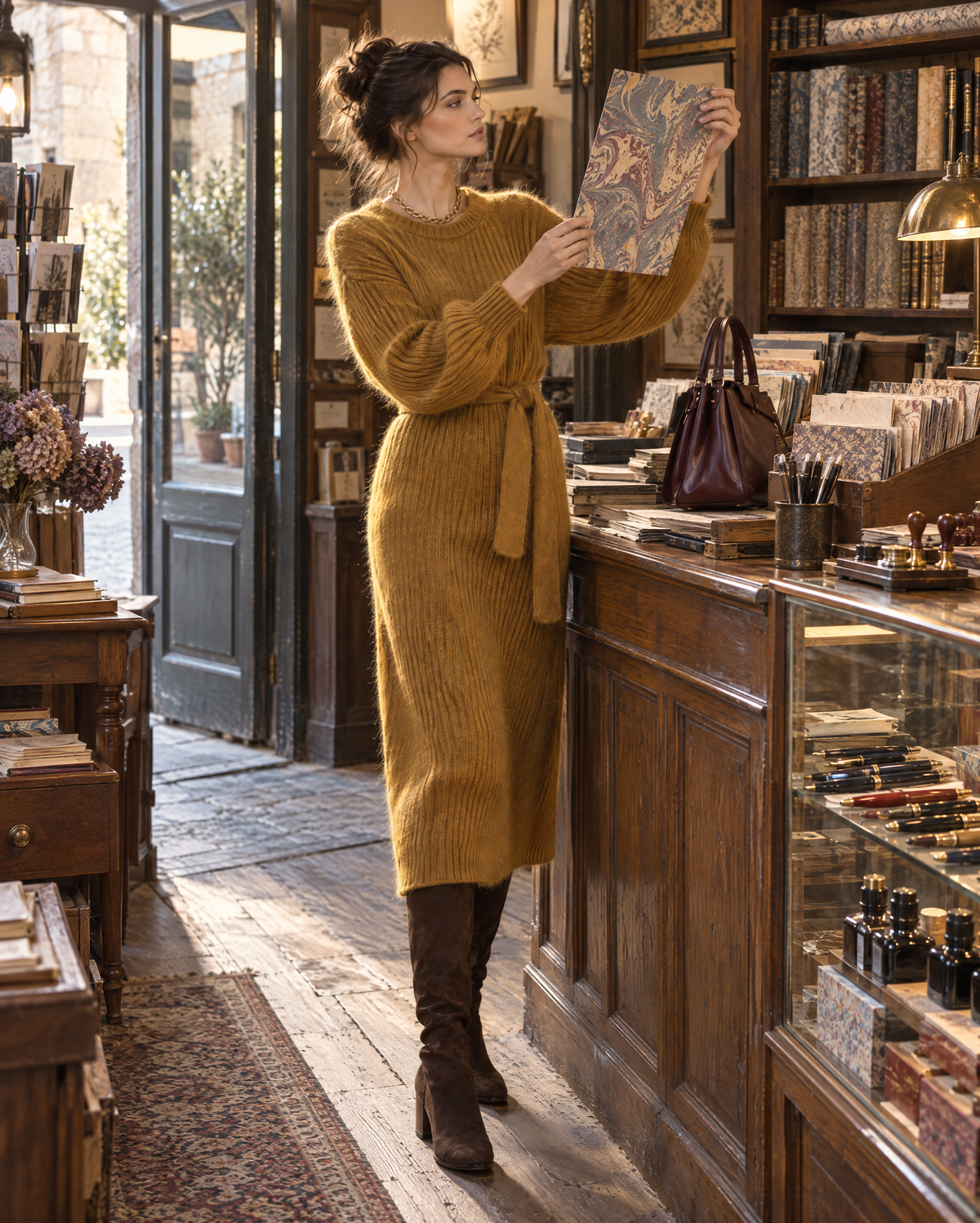 Casual Mustard Brushed Rib Knit Round Neck Long-sleeve Belted Sweater Dress MVA003480AA