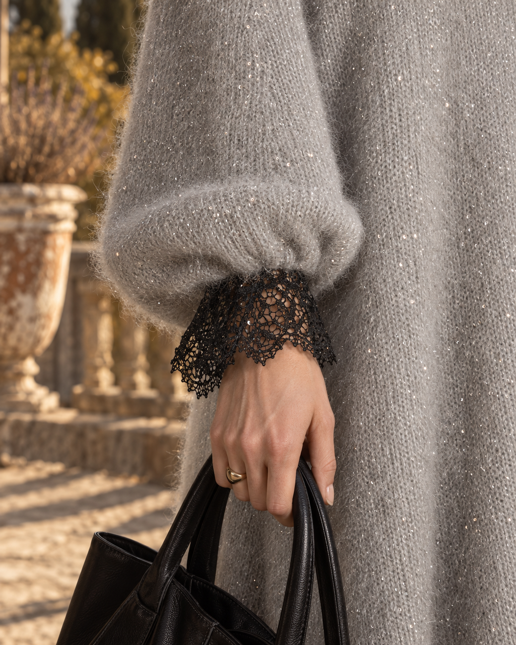 Elegant Light Grey Sparkle Brushed Knit V-neck Long-sleeve Lace-trim Midi Sweater Dress MVA003530AA