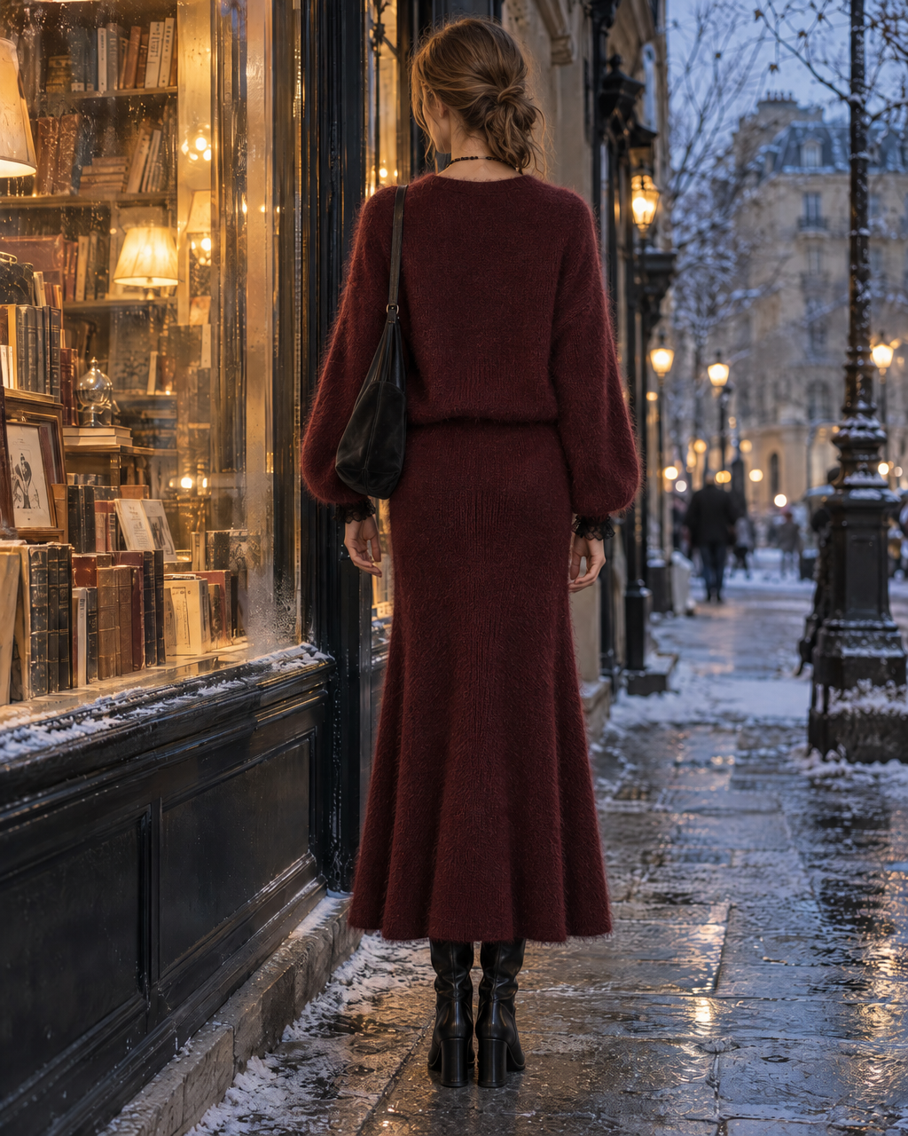 Elegant Burgundy Brushed Knit V-neck Long-sleeve Sweater And Flared Midi Skirt Set MVA003560AA