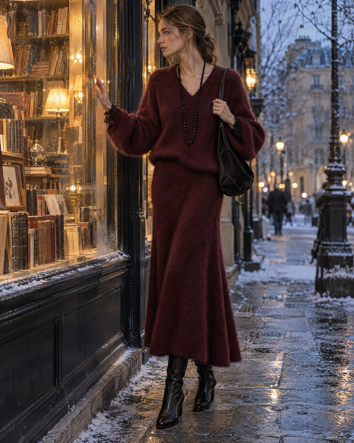 Elegant Burgundy Brushed Knit V-neck Long-sleeve Sweater And Flared Midi Skirt Set MVA003560AA