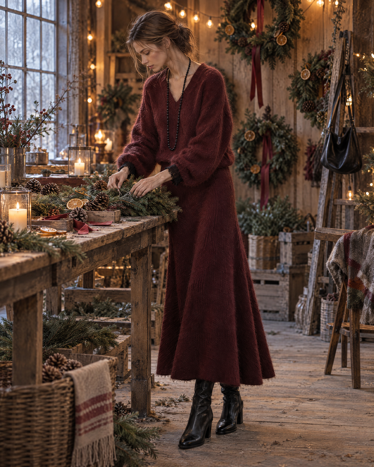Elegant Burgundy Brushed Knit V-neck Long-sleeve Sweater And Flared Midi Skirt Set MVA003560AA