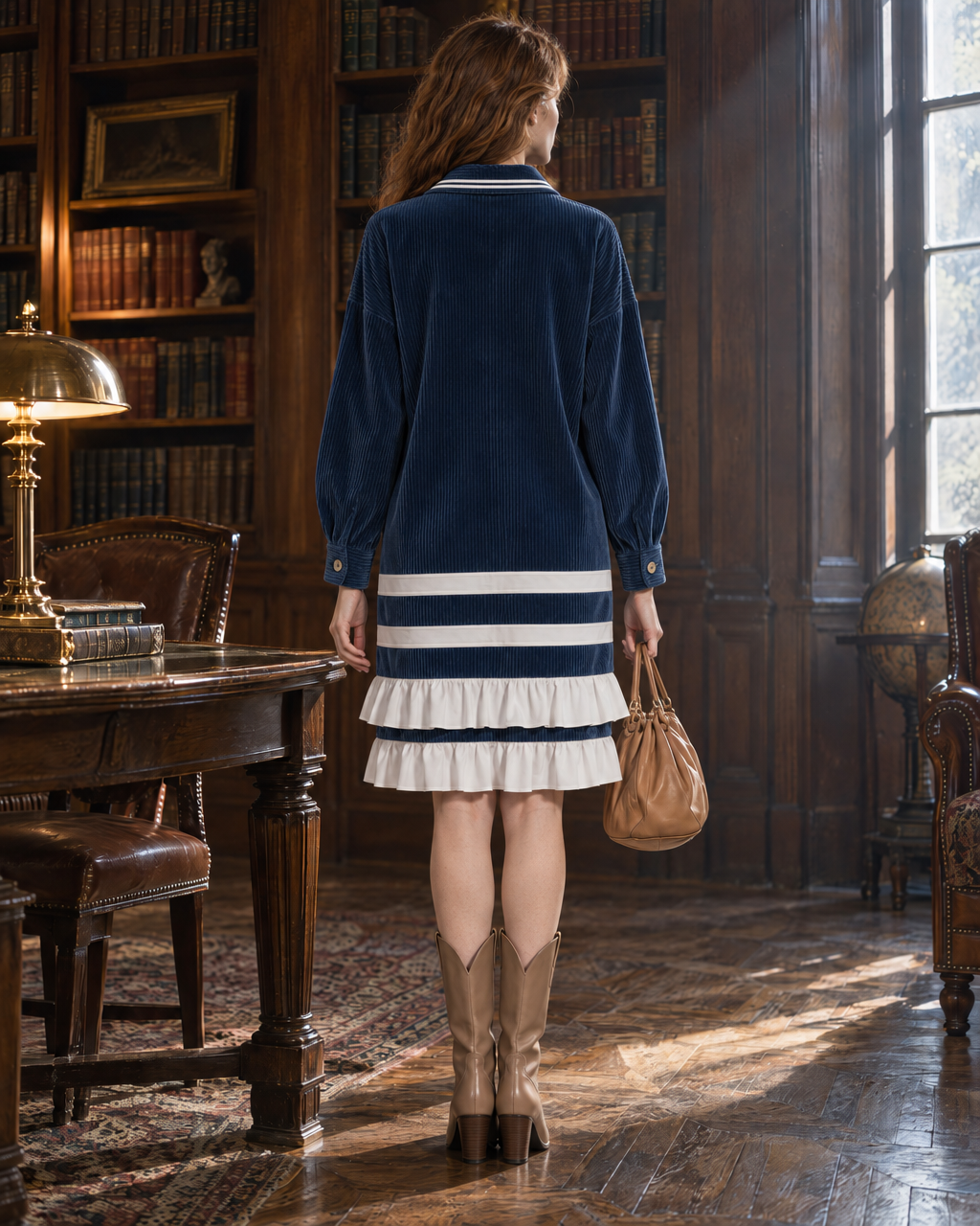 Preppy Navy Blue Corduroy Polo Collar Long-sleeve Striped Ruffle-hem Shirt Dress MVA003620AA
