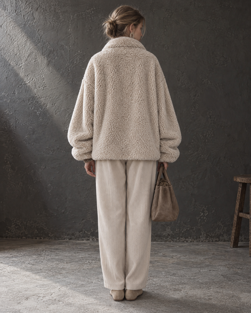 Casual Oatmeal Sherpa Fleece Stand Collar Long-sleeve Zip-up Oversized Jacket MVA003630AA