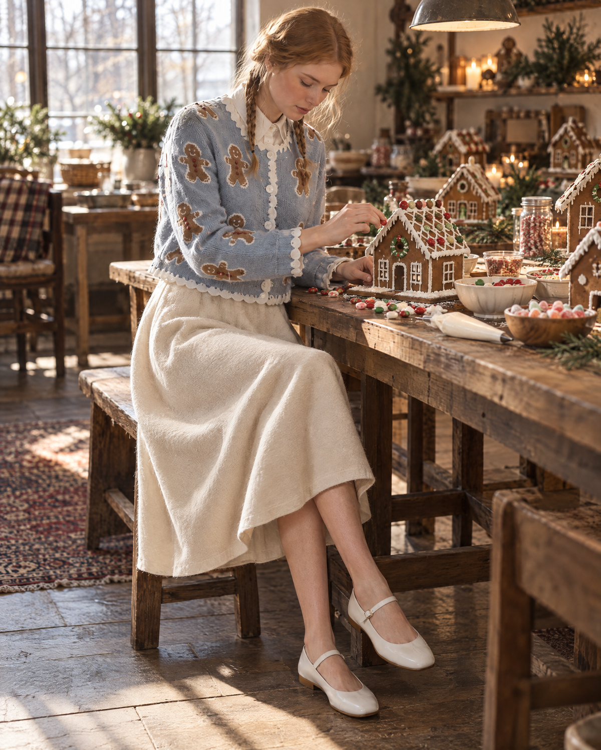 Sweet Light Blue Knit Round Neck Long-sleeve Gingerbread Jacquard Scallop-trim Cropped Cardigan MVA003640AA