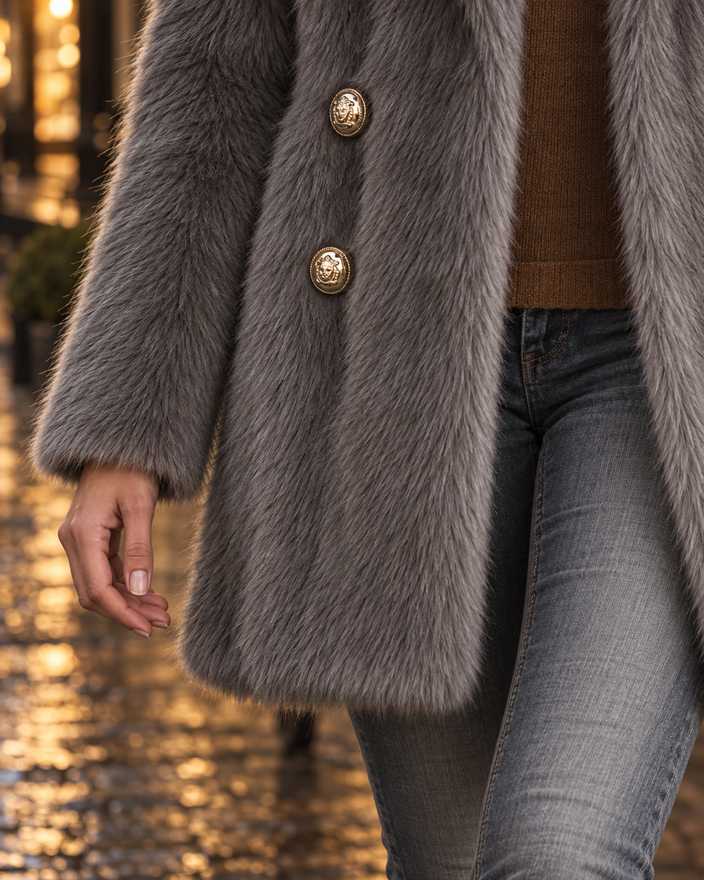 Elegant Grey Faux Fur Lapel Long-sleeve Double-breasted Gold Button Coat MVA003870AA