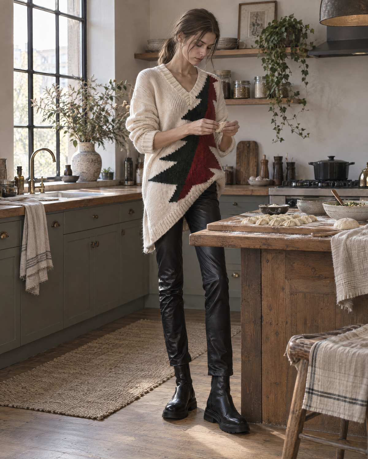 Casual Cream Chunky Knit V-neck Long-sleeve Christmas Tree Intarsia Asymmetric Hem Oversized Sweater MVA003900AA