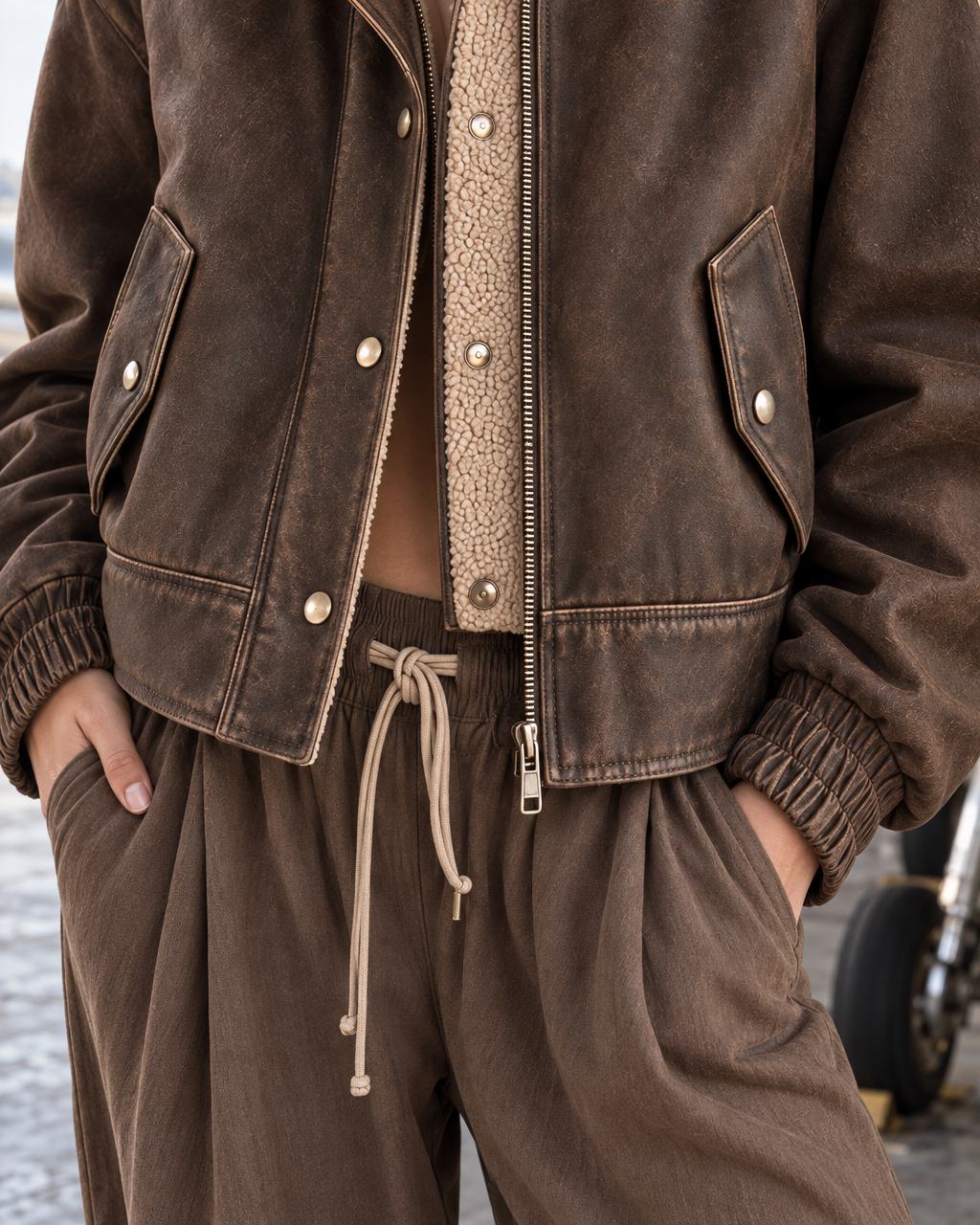 Casual Brown Distressed Faux Leather Sherpa Collar Long-sleeve Zip-up Bomber Jacket MVA003920AA