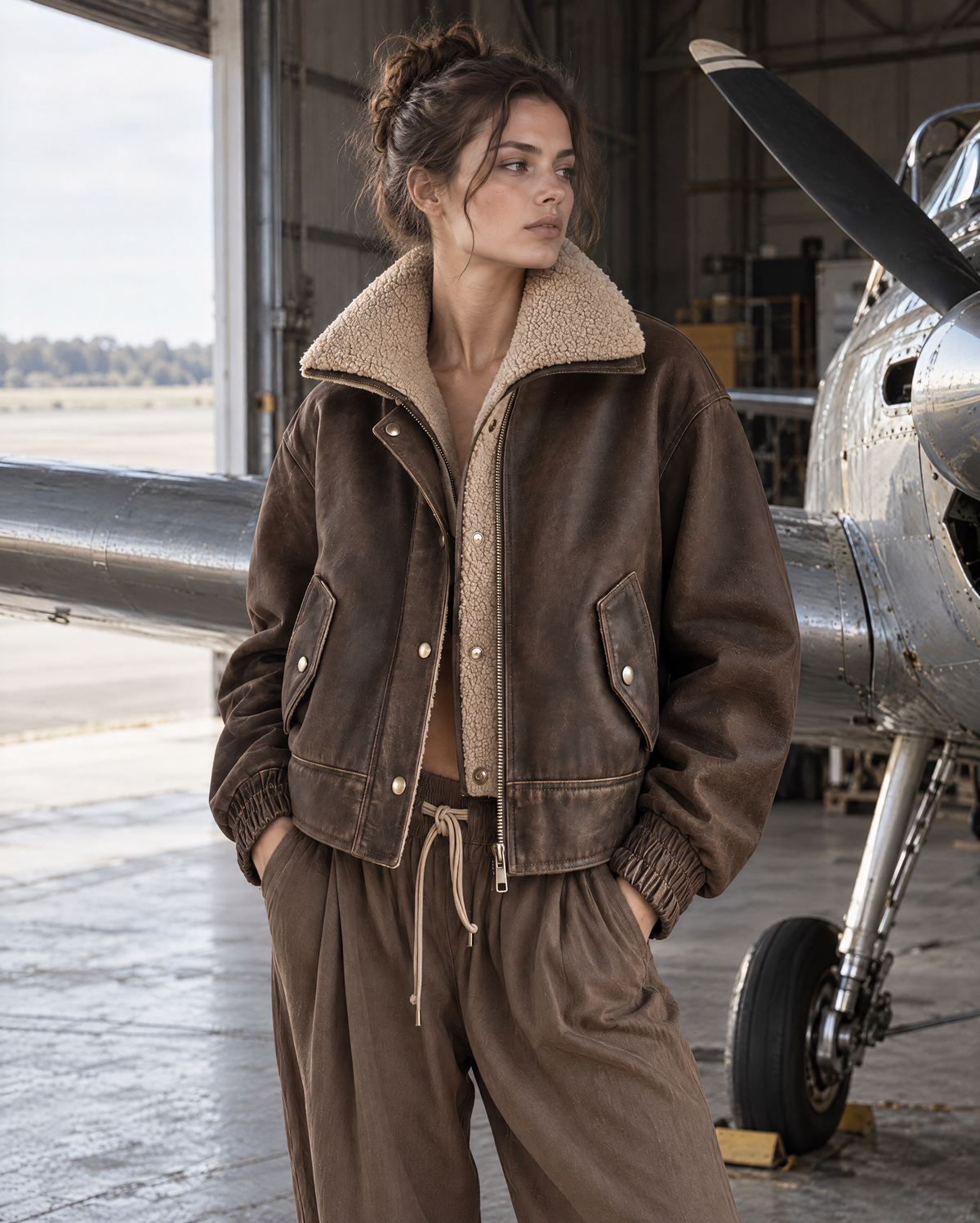 Casual Brown Distressed Faux Leather Sherpa Collar Long-sleeve Zip-up Bomber Jacket MVA003920AA