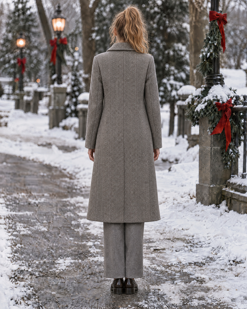 Elegant Taupe Herringbone Wool-blend Lapel Long-sleeve Red Velvet Bow Single-breasted Gold Button Longline Coat MVA003960AA