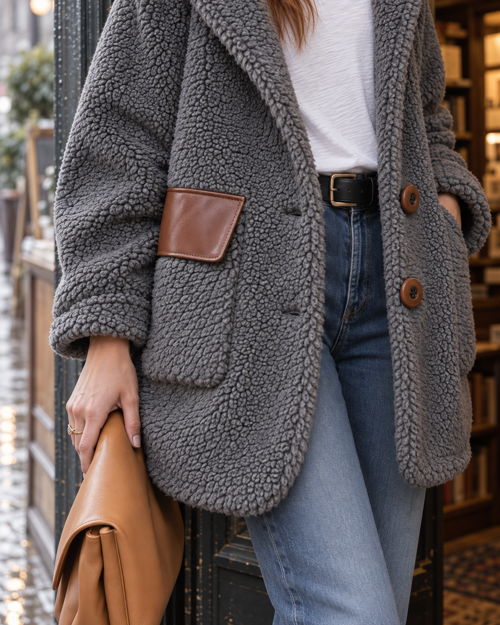 Casual Grey Teddy Sherpa Hooded Long-sleeve Faux Leather Pocket Flap Button-front Longline Coat MVA004000AA