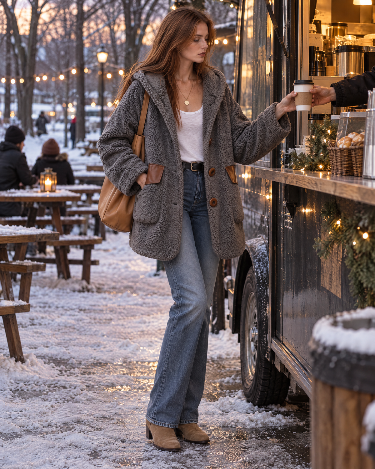 Casual Grey Teddy Sherpa Hooded Long-sleeve Faux Leather Pocket Flap Button-front Longline Coat MVA004000AA