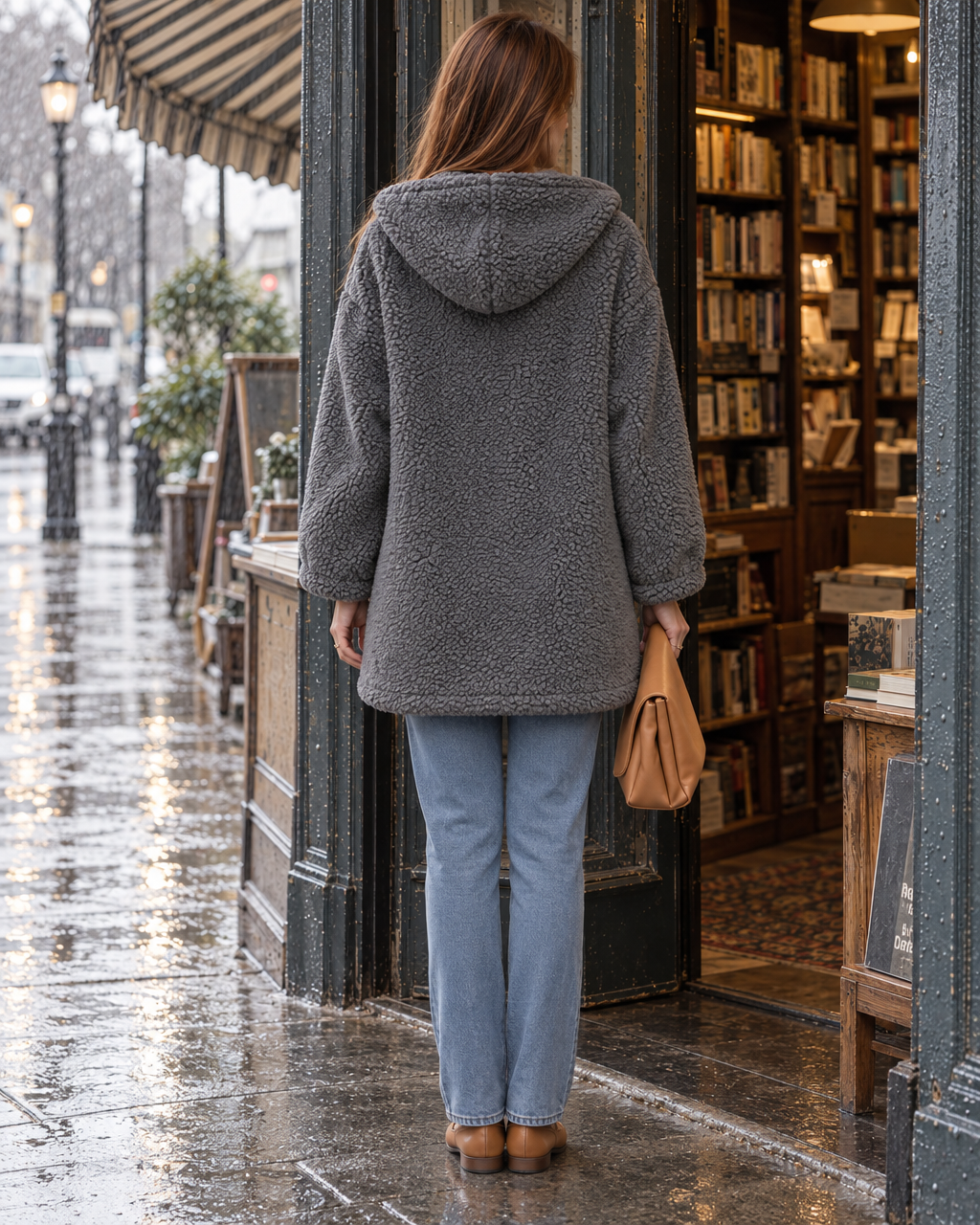Casual Grey Teddy Sherpa Hooded Long-sleeve Faux Leather Pocket Flap Button-front Longline Coat MVA004000AA