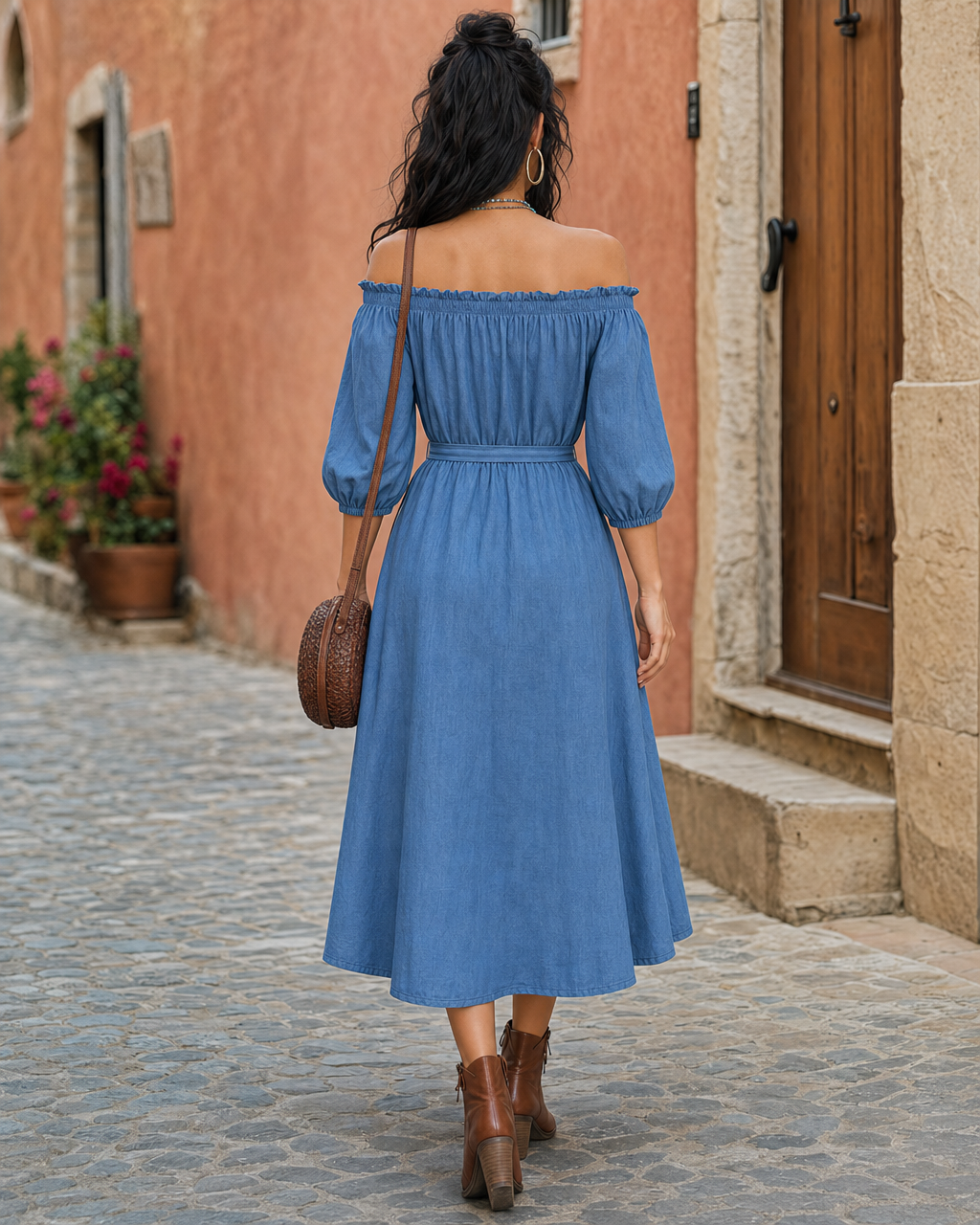 Boho Off Shoulder Puff Sleeve Self Tie Waist Button Front Pocket Casual Midi Dress MVA000400AA