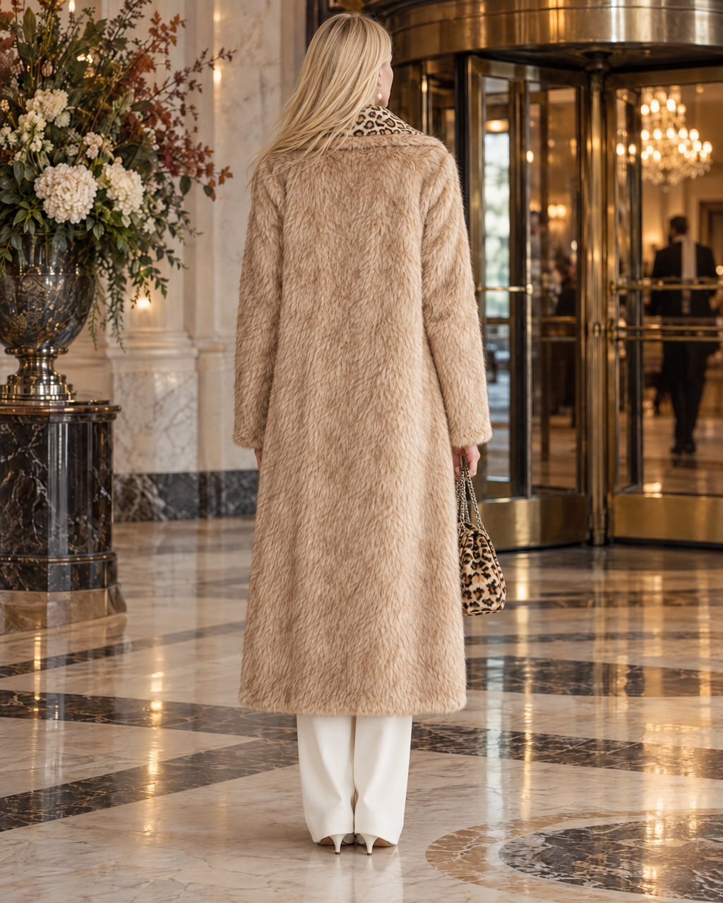 Elegant Camel Faux Fur Lapel Long-sleeve Leopard Print Lined Double-breasted Maxi Coat MVA004030AA
