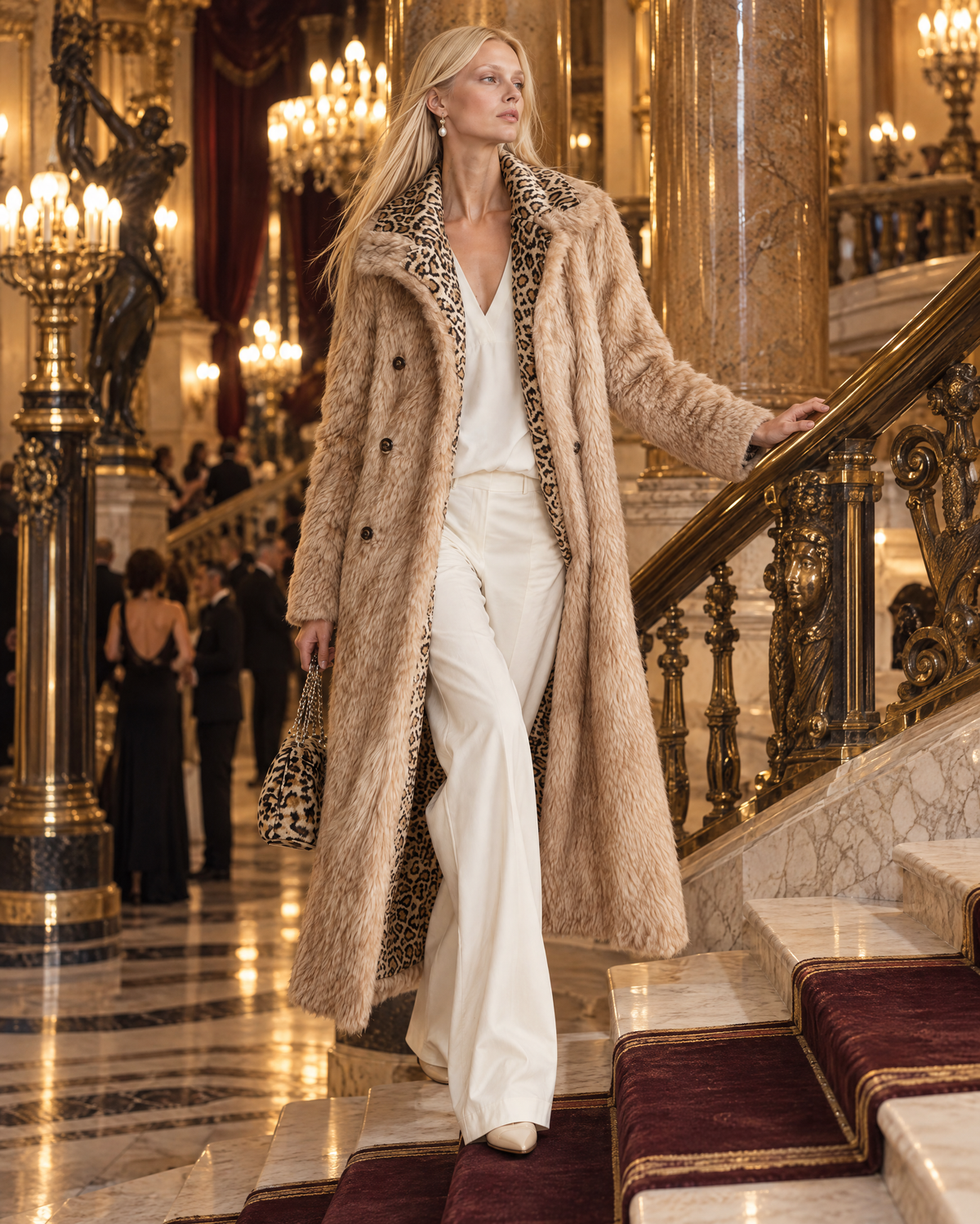 Elegant Camel Faux Fur Lapel Long-sleeve Leopard Print Lined Double-breasted Maxi Coat MVA004030AA