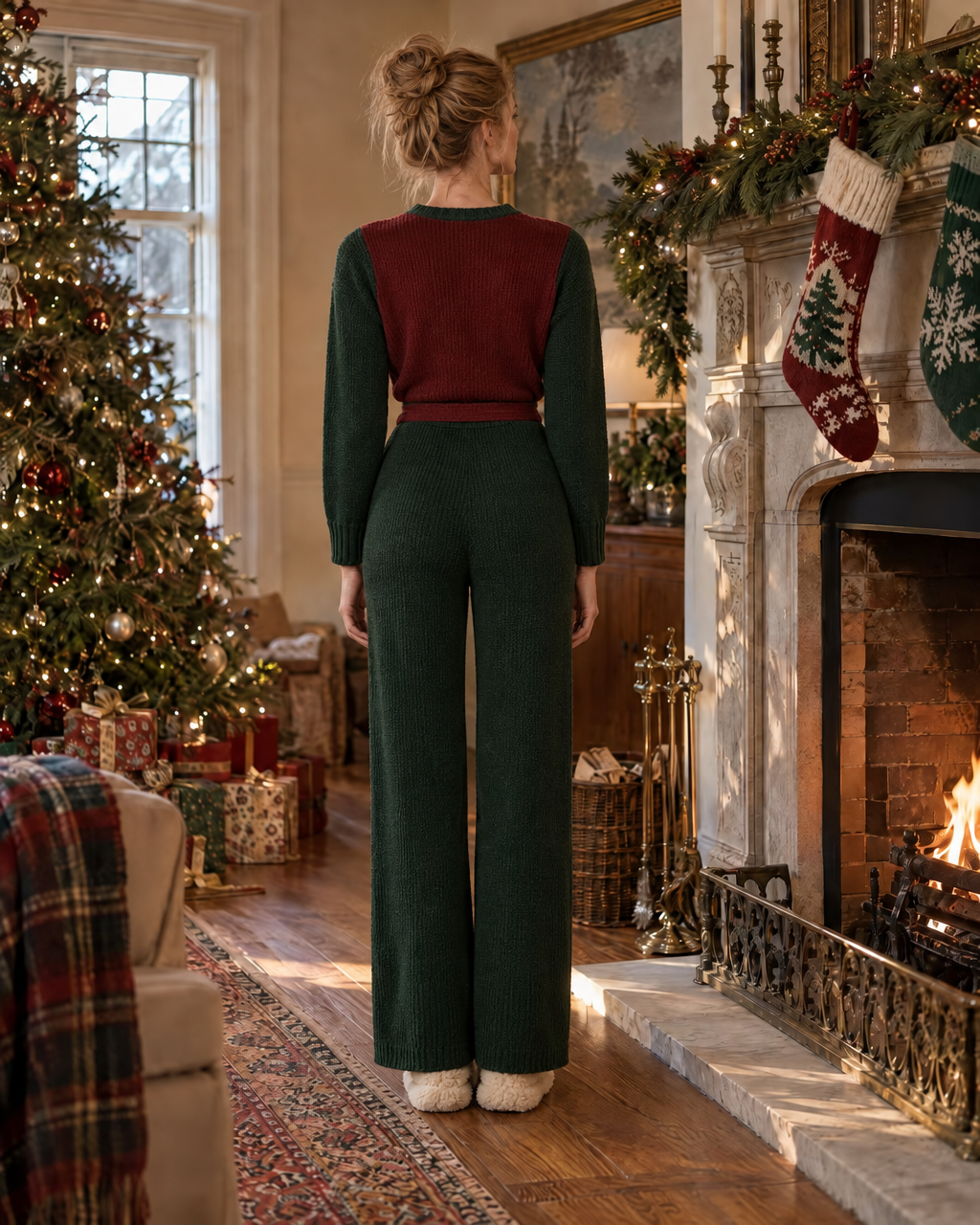 Casual Burgundy And Dark Green Color Block Chenille Knit Crew Neck Long-sleeve Christmas Stocking Sweater MVA004060AA