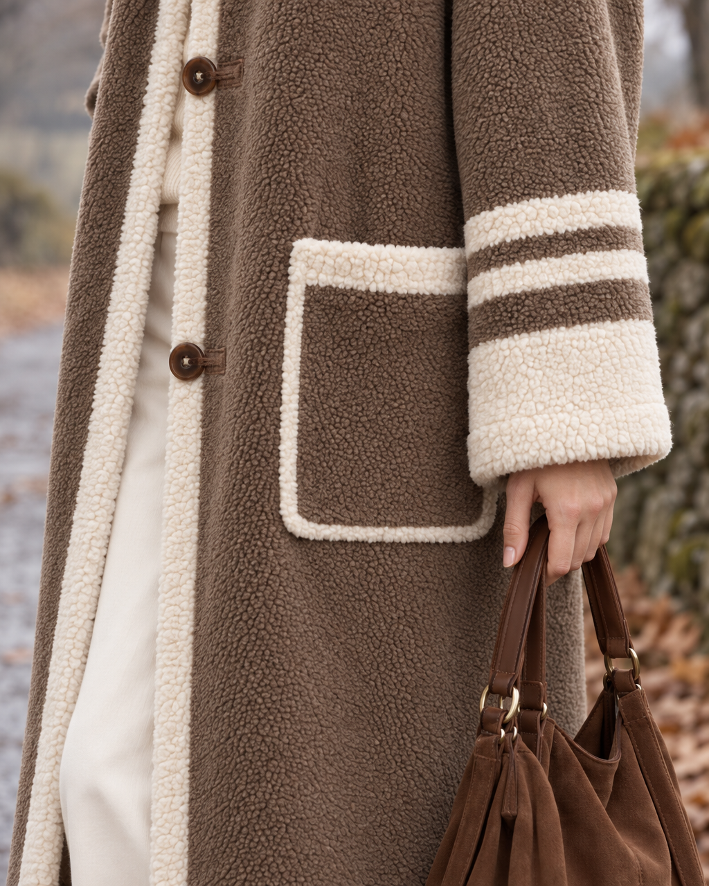 Casual Taupe Brown Teddy Sherpa Hooded Long-sleeve Contrast Stripe Button-front Maxi Coat MVA004090AA