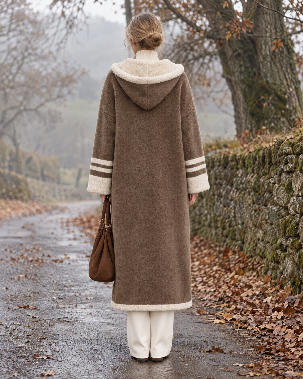 Casual Taupe Brown Teddy Sherpa Hooded Long-sleeve Contrast Stripe Button-front Maxi Coat MVA004090AA