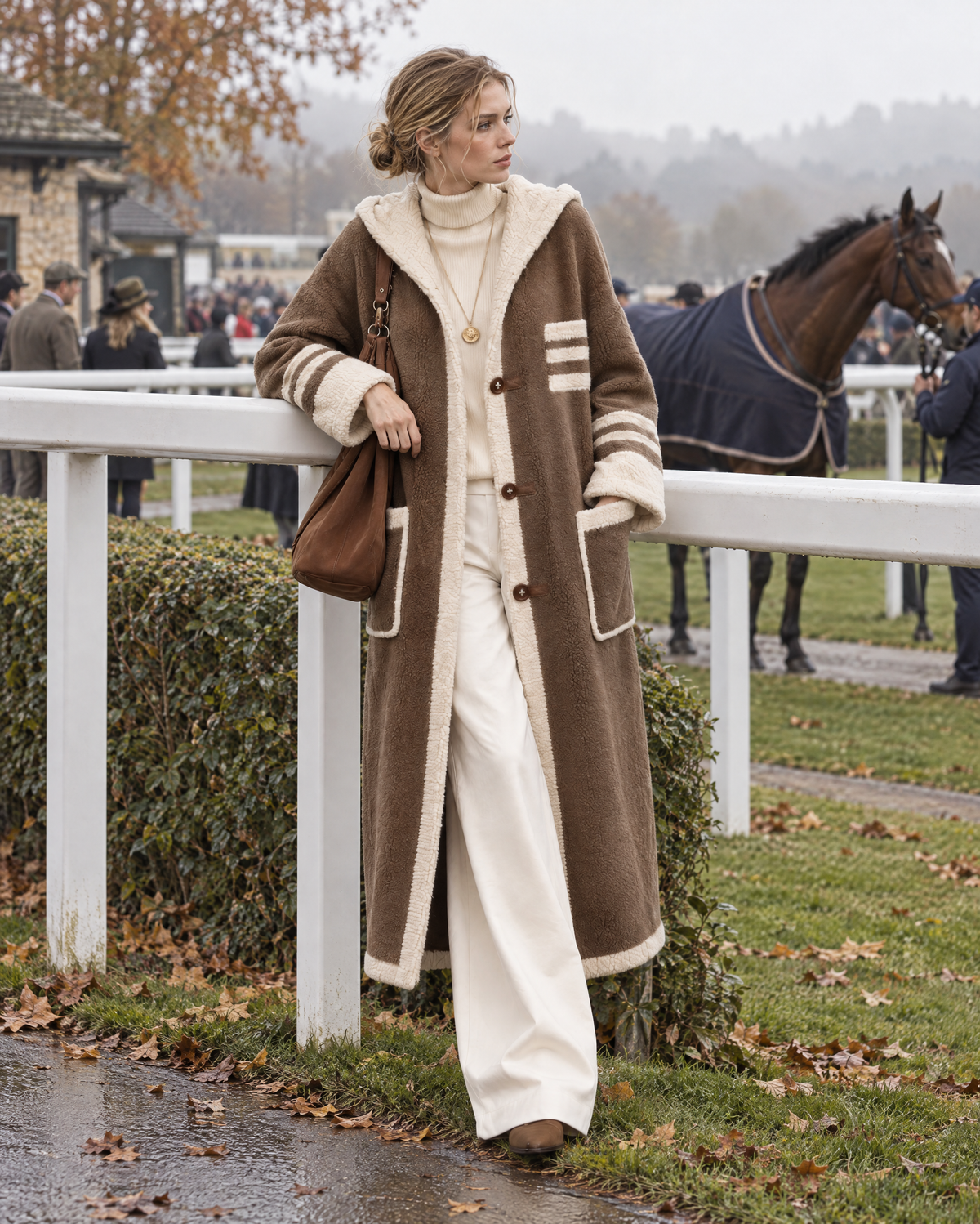 Casual Taupe Brown Teddy Sherpa Hooded Long-sleeve Contrast Stripe Button-front Maxi Coat MVA004090AA