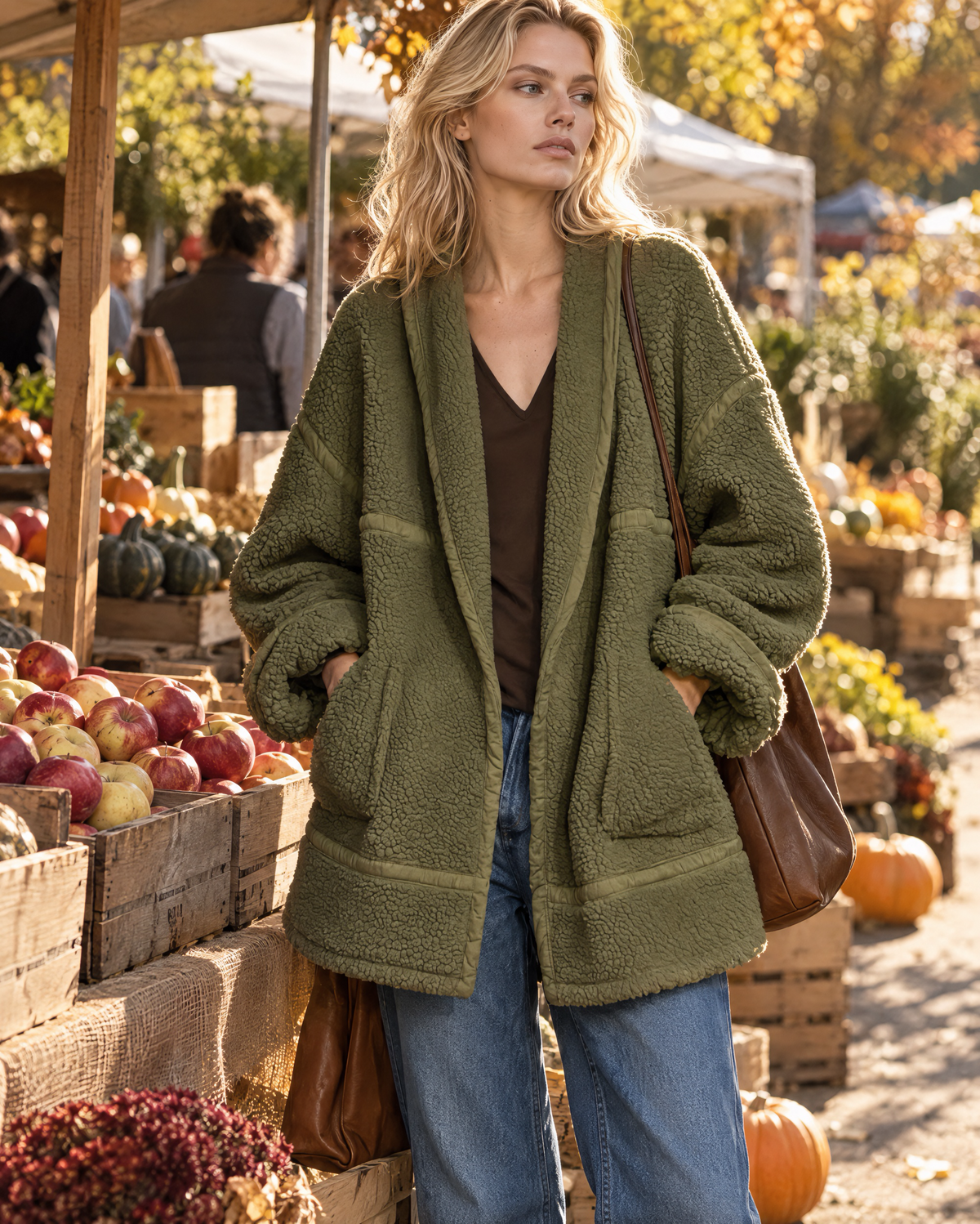 Casual Olive Green Sherpa Fleece Lapel Long-sleeve Open-front Oversized Jacket MVA004100AA