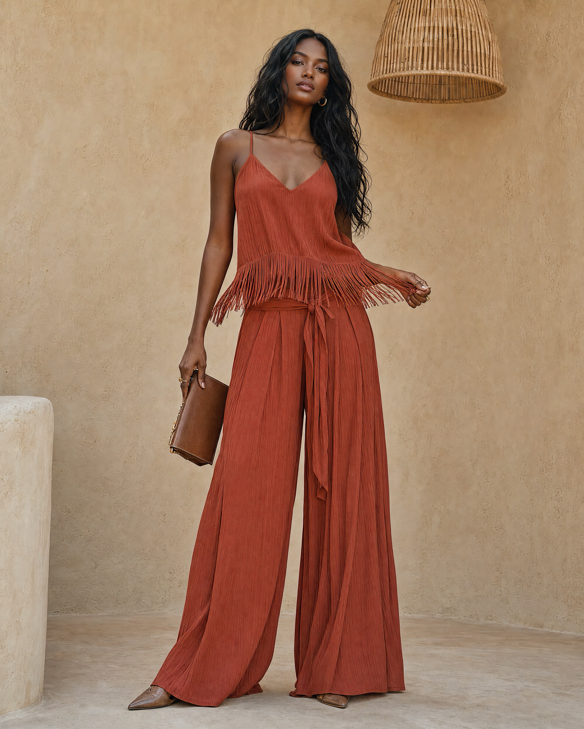 Boho Vacation Style Rust Fringe Spaghetti Strap Cami & Tie Waist Wide Leg Pants Two Piece Matching Set MVA000410AA
