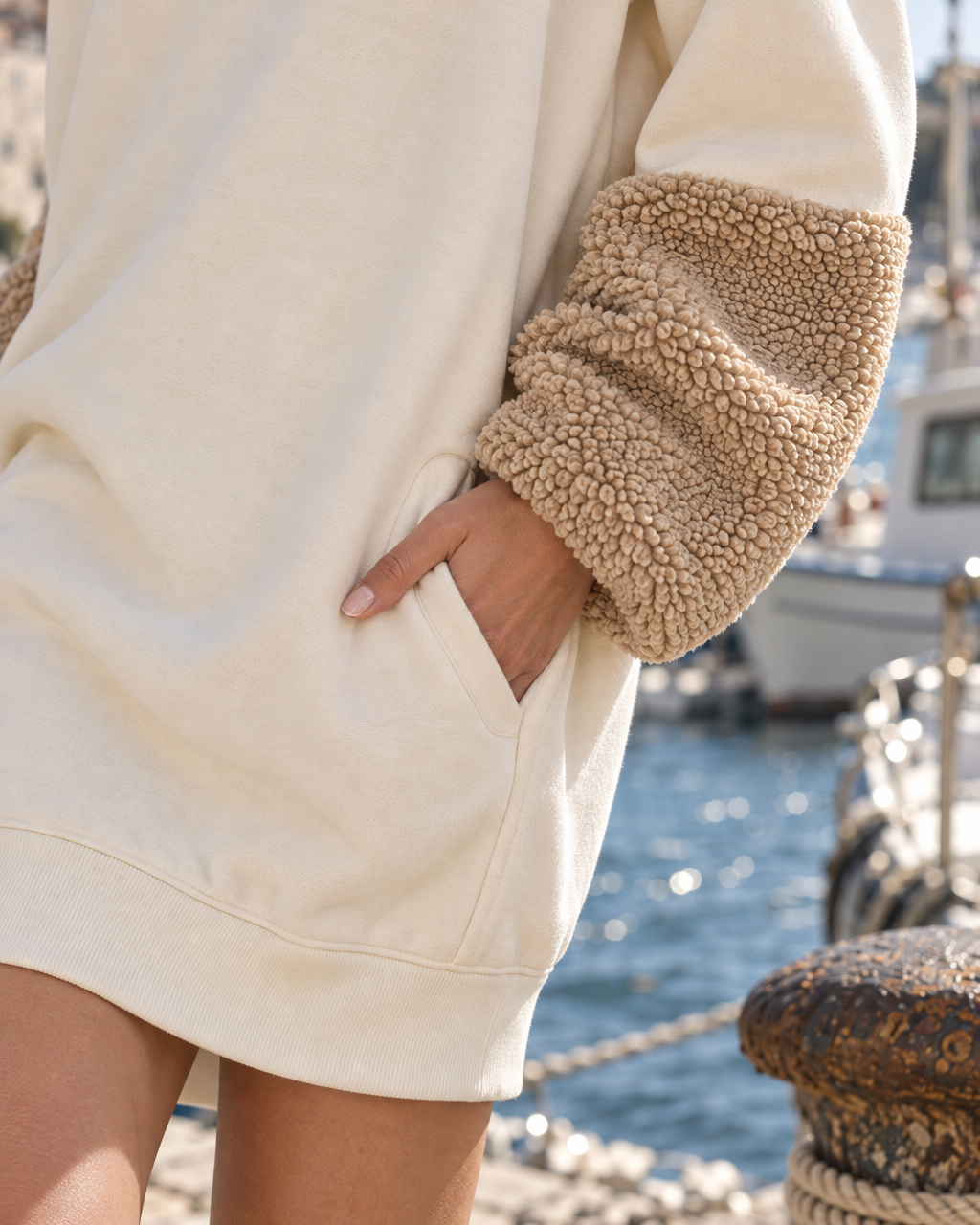 Casual Ivory Sweatshirt Fabric Mock Neck Long-sleeve Button Shoulder Sherpa Cuff Mini Sweatshirt Dress MVA004110AA