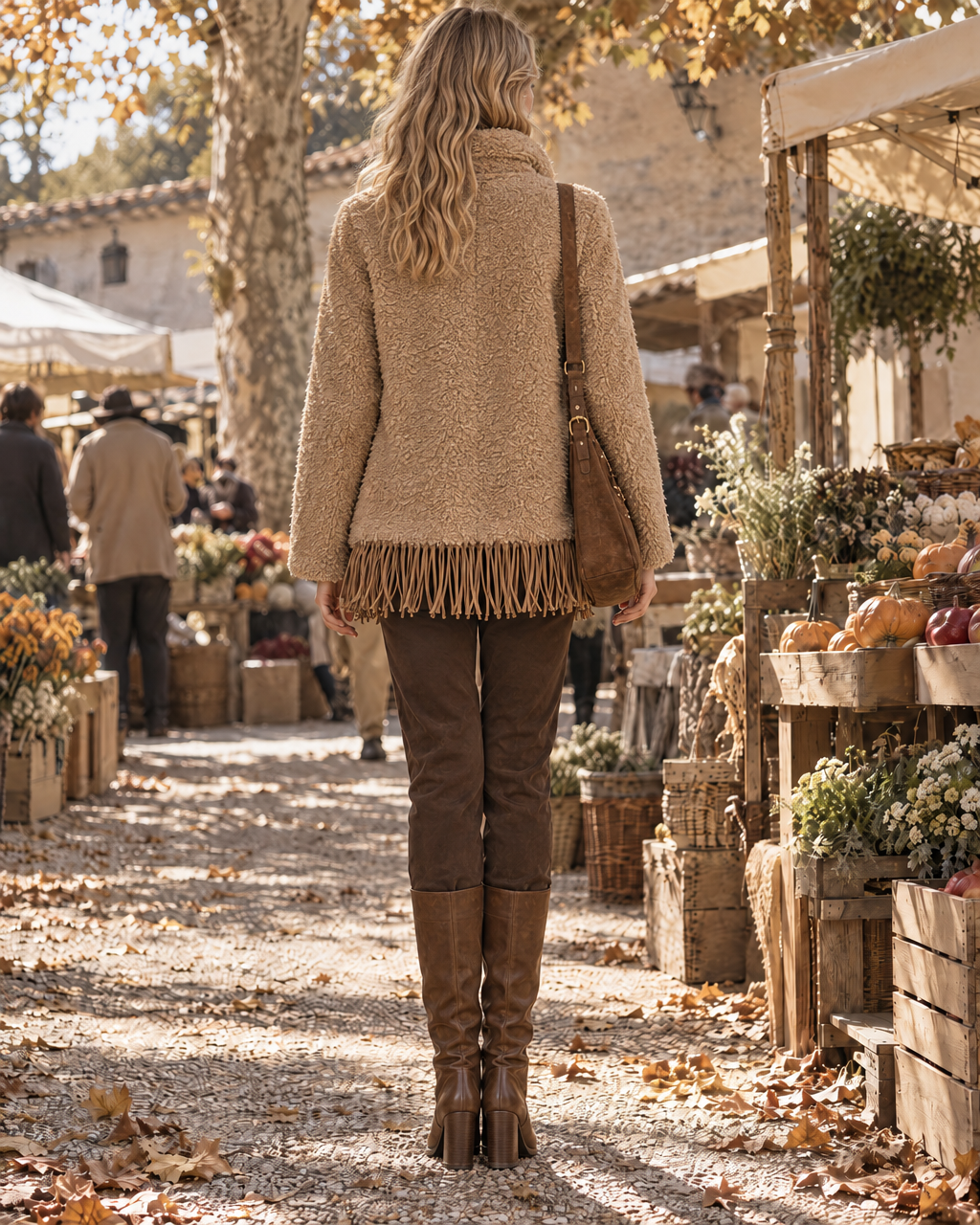 Bohemian Camel Teddy Sherpa Lapel Long-sleeve Button-front Fringe Hem Jacket MVA004150AA