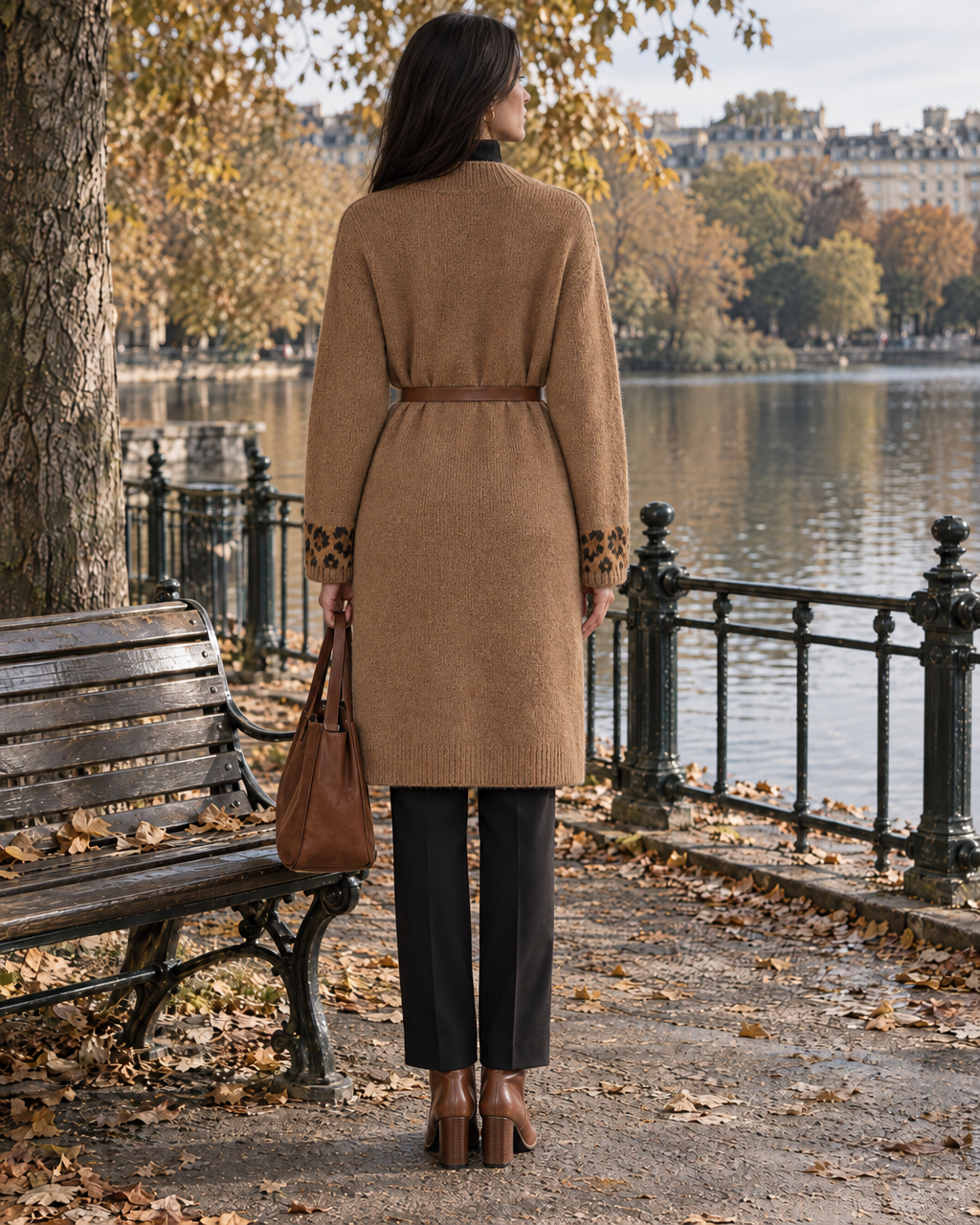 Casual Camel Knit Leopard-trim Button-front Knee-length Longline Cardigan MVA004160AA