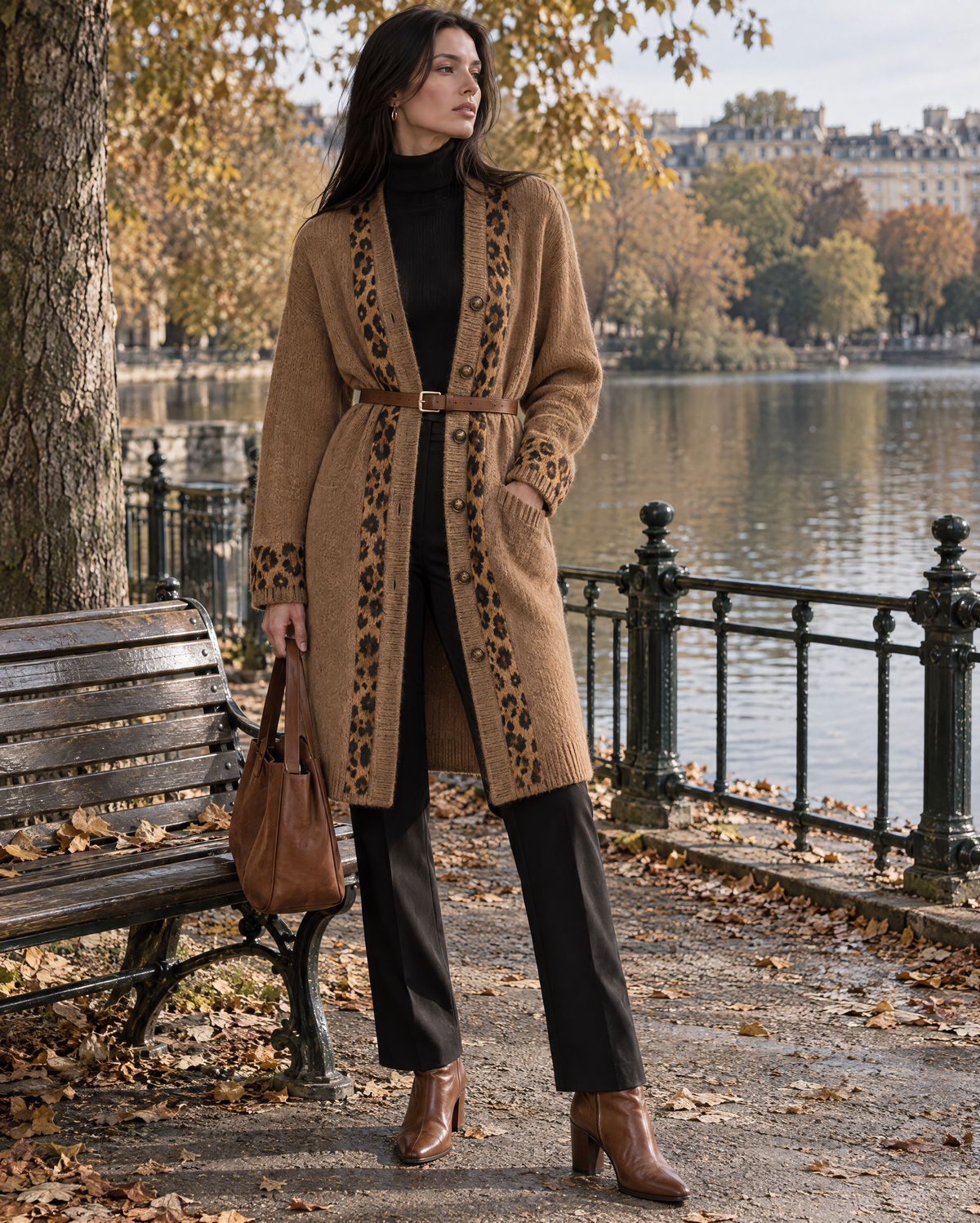 Casual Camel Knit Leopard-trim Button-front Knee-length Longline Cardigan MVA004160AA