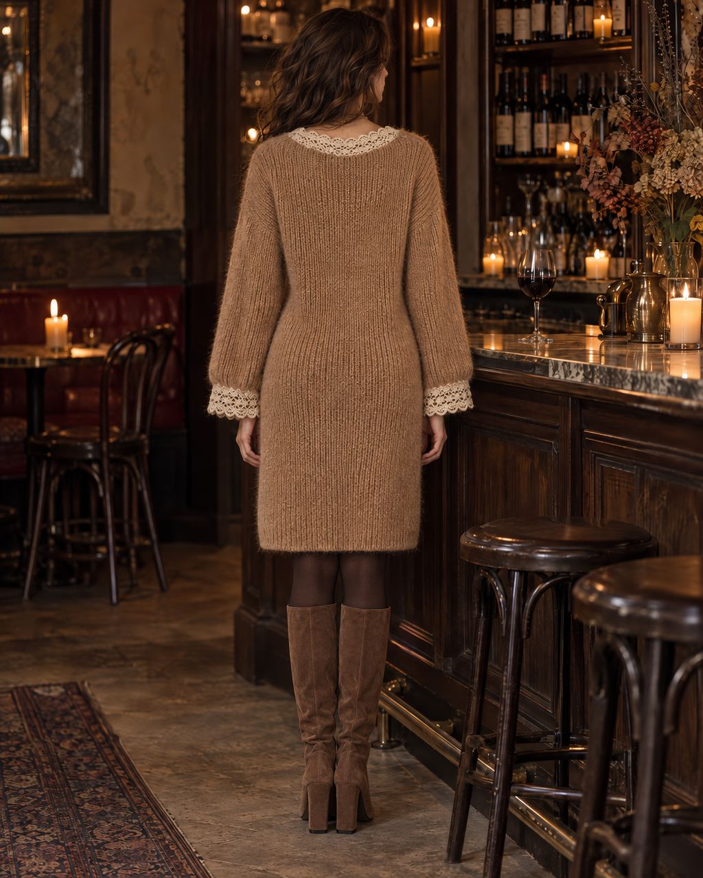 Bohemian Camel Brushed-knit Crochet-lace-trim V-neck Long-sleeve Midi Dress MVA004220AA