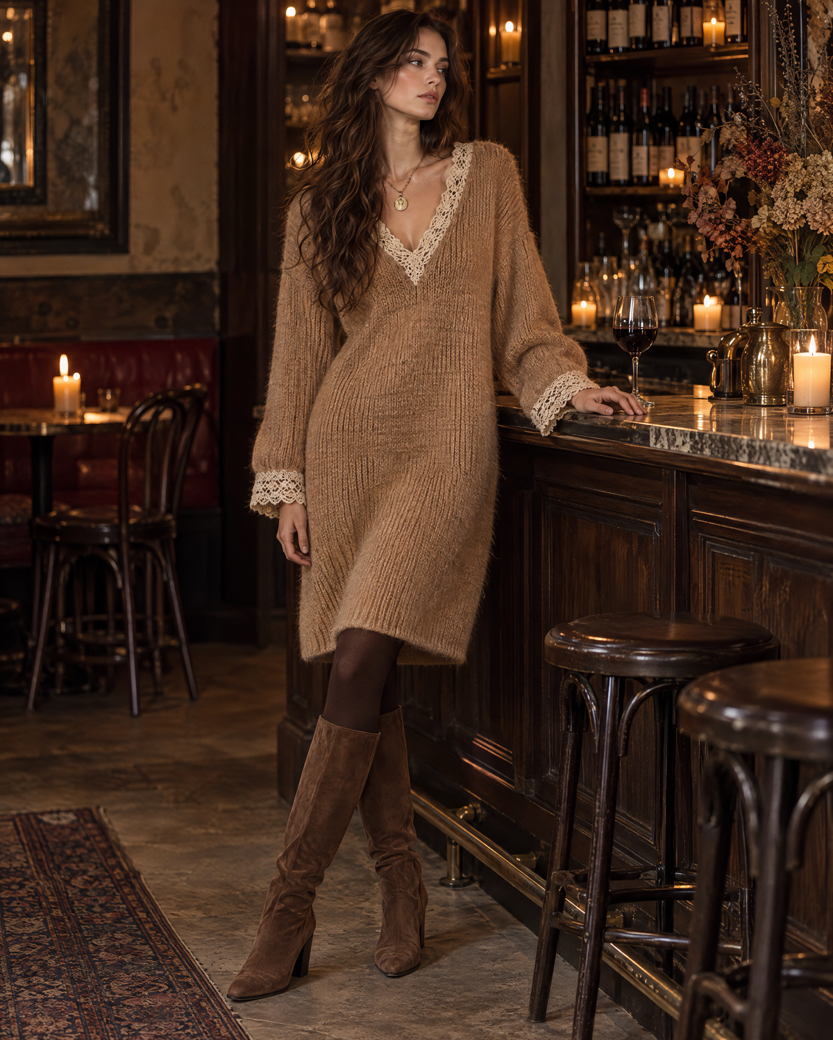 Bohemian Camel Brushed-knit Crochet-lace-trim V-neck Long-sleeve Midi Dress MVA004220AA