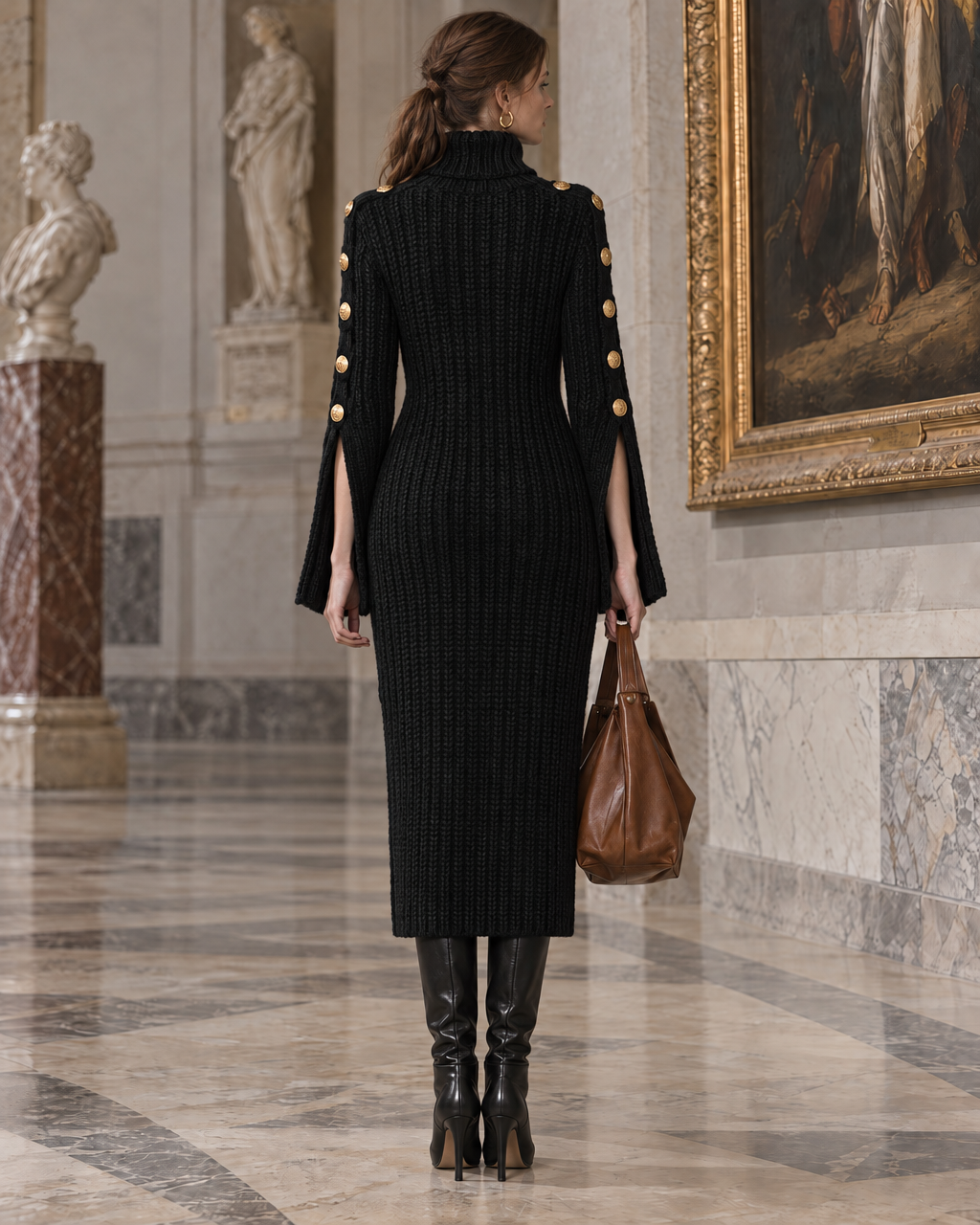 Elegant Black Chunky Rib-knit Turtleneck Gold-button Split-sleeve Midi Dress MVA004240AA