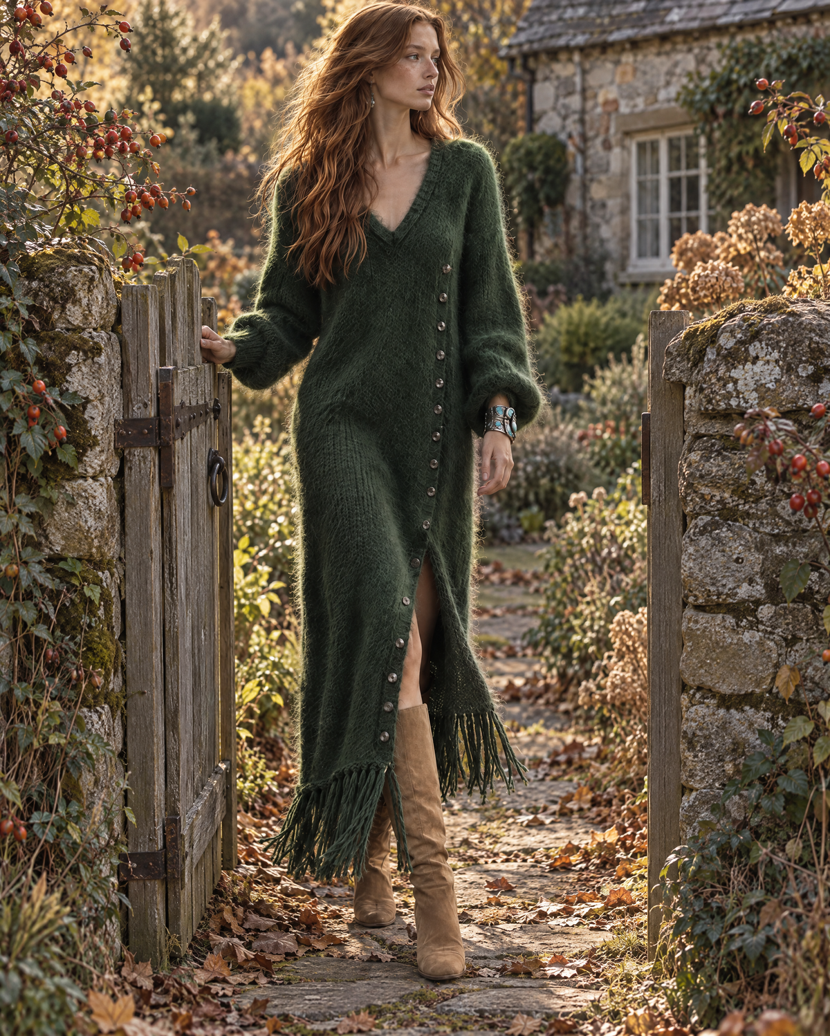 Bohemian Forest Green Brushed-knit Fringe-hem Button-front V-neck Balloon-sleeve Maxi Dress MVA004280AA