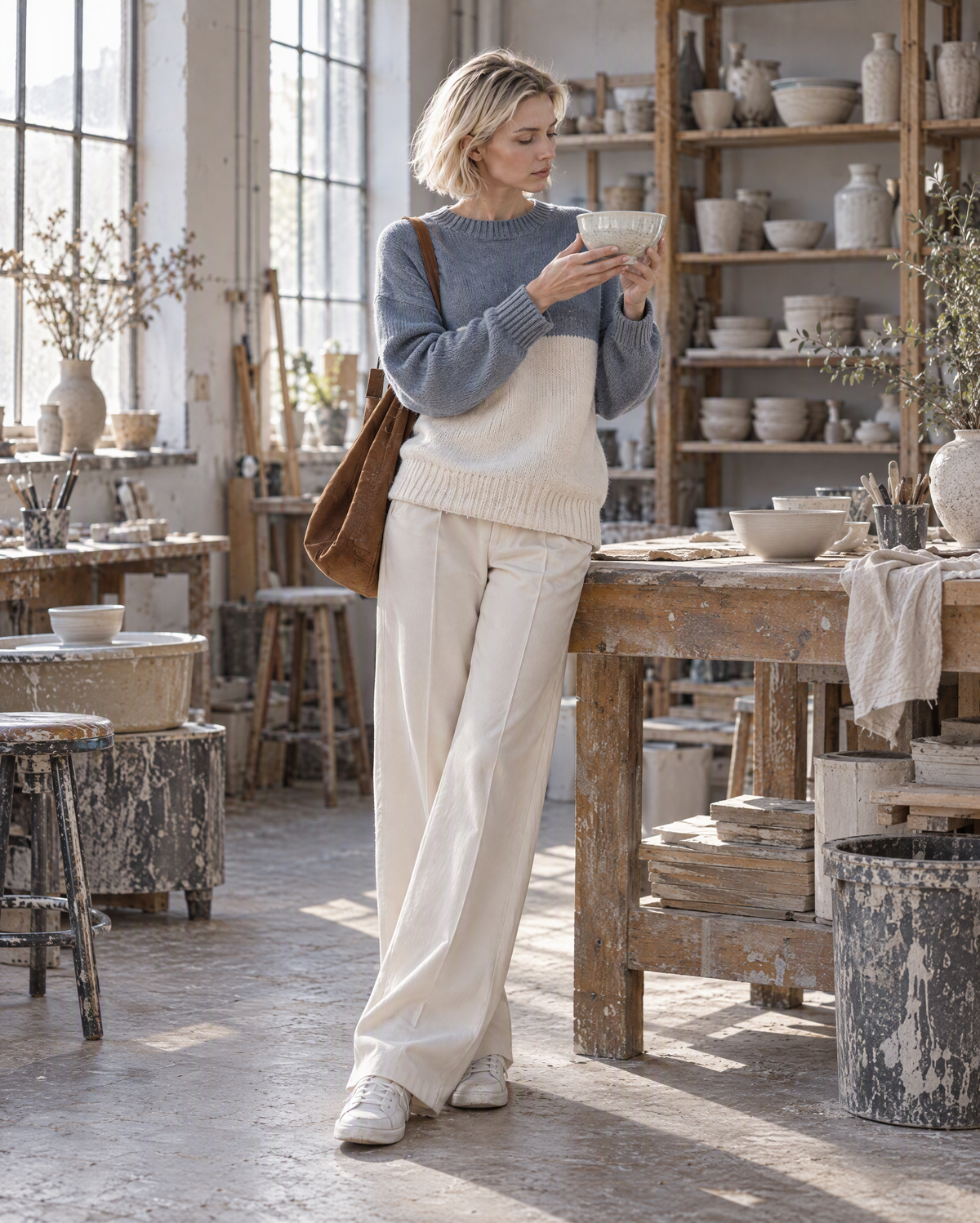 Casual Dusty Blue And Cream Color-block Brushed-knit Crew-neck Drop-shoulder Long-sleeve Sweater MVA004310AA