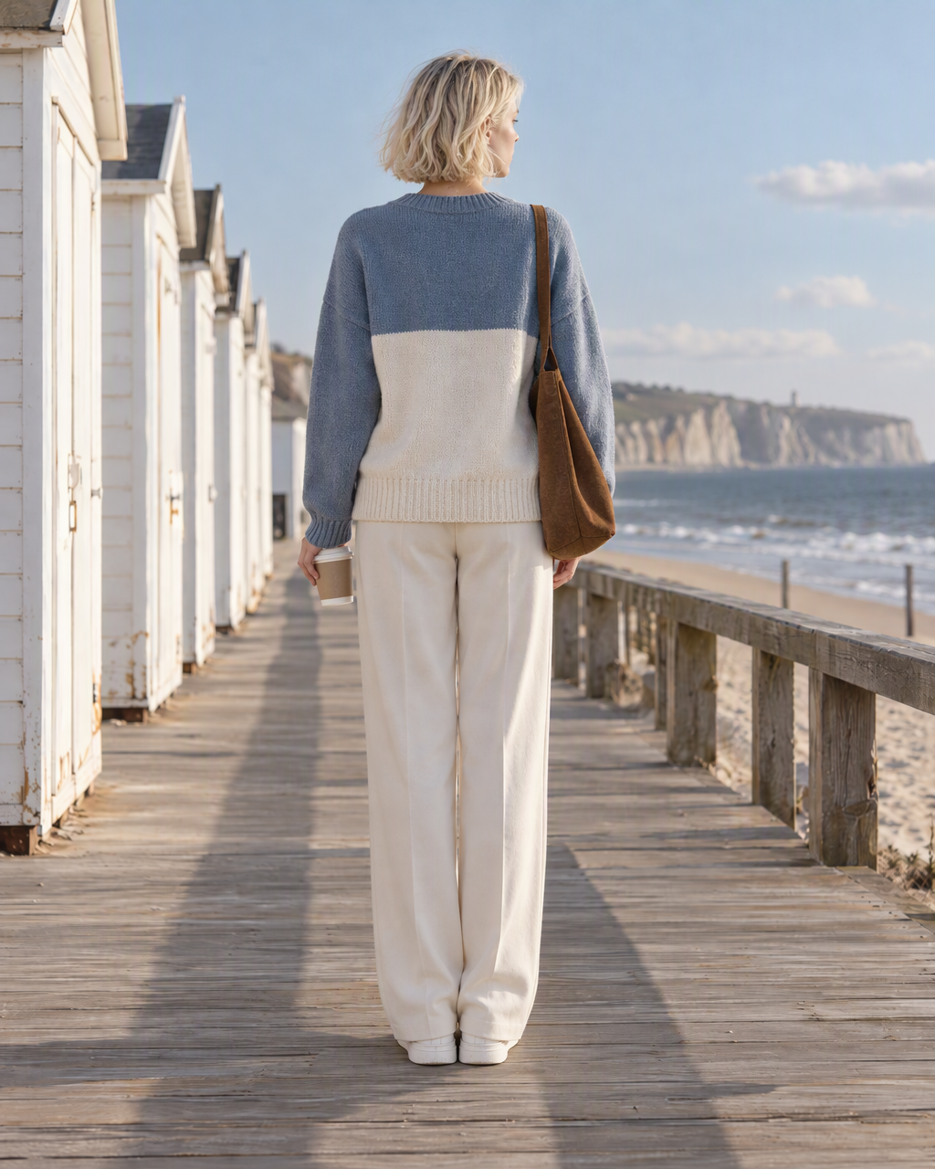 Casual Dusty Blue And Cream Color-block Brushed-knit Crew-neck Drop-shoulder Long-sleeve Sweater MVA004310AA