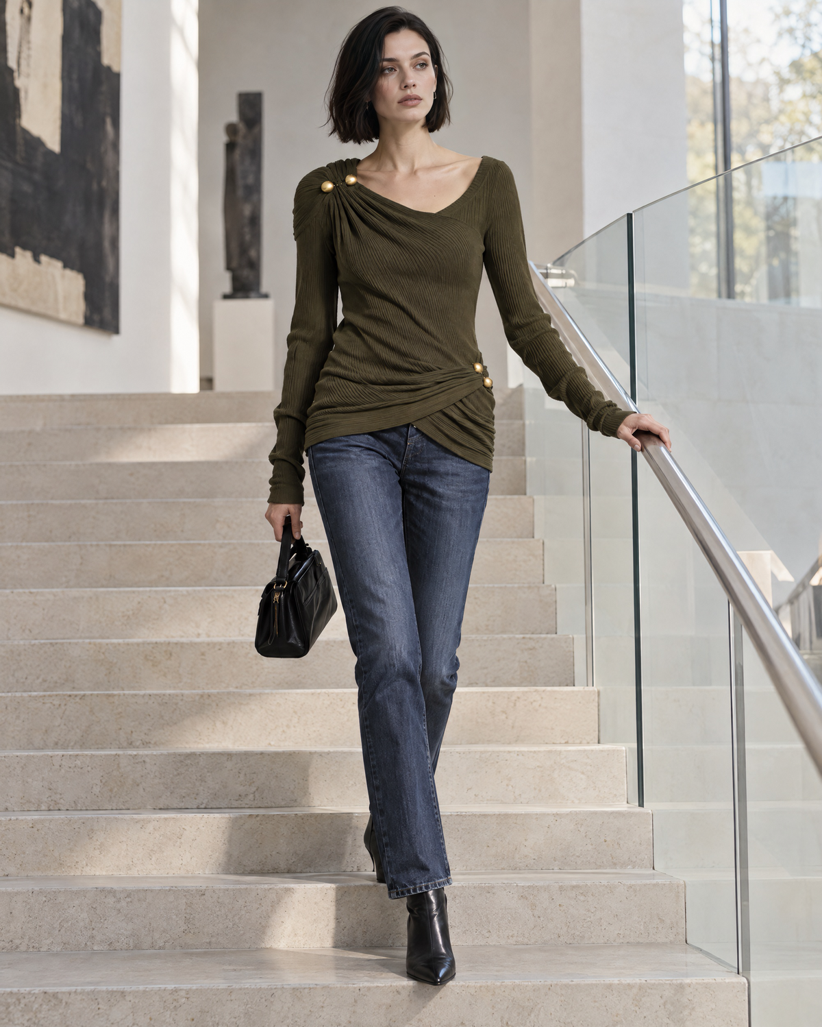 Elegant Olive Green Rib-knit Gold-button Draped Asymmetric Long-sleeve Top MVA004330AA