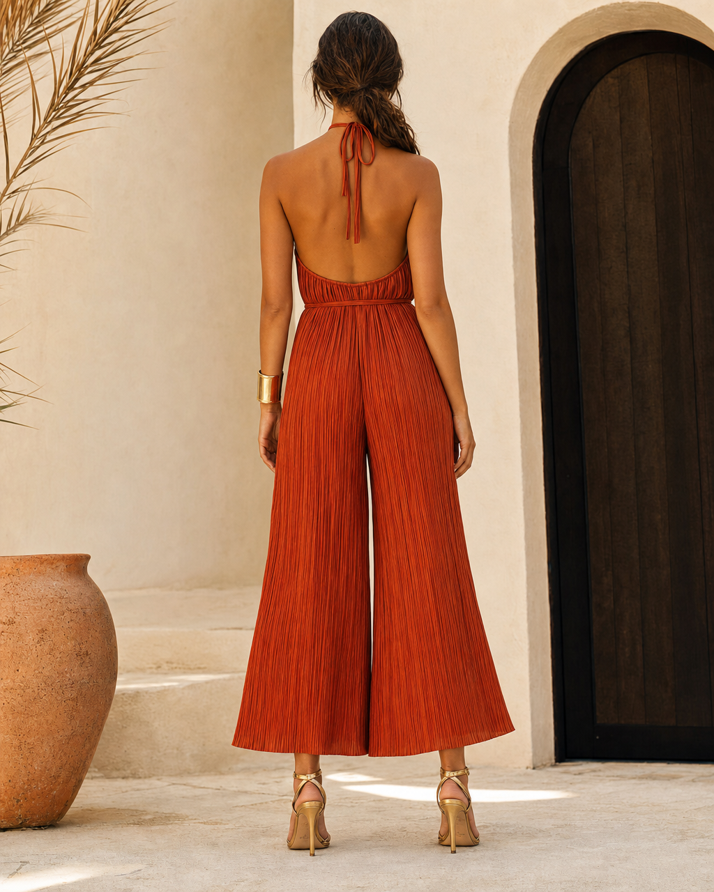 Boho Halter Pleated Wide Leg Jumpsuit Self Tie Waist Vacation Romper MVA000540AA