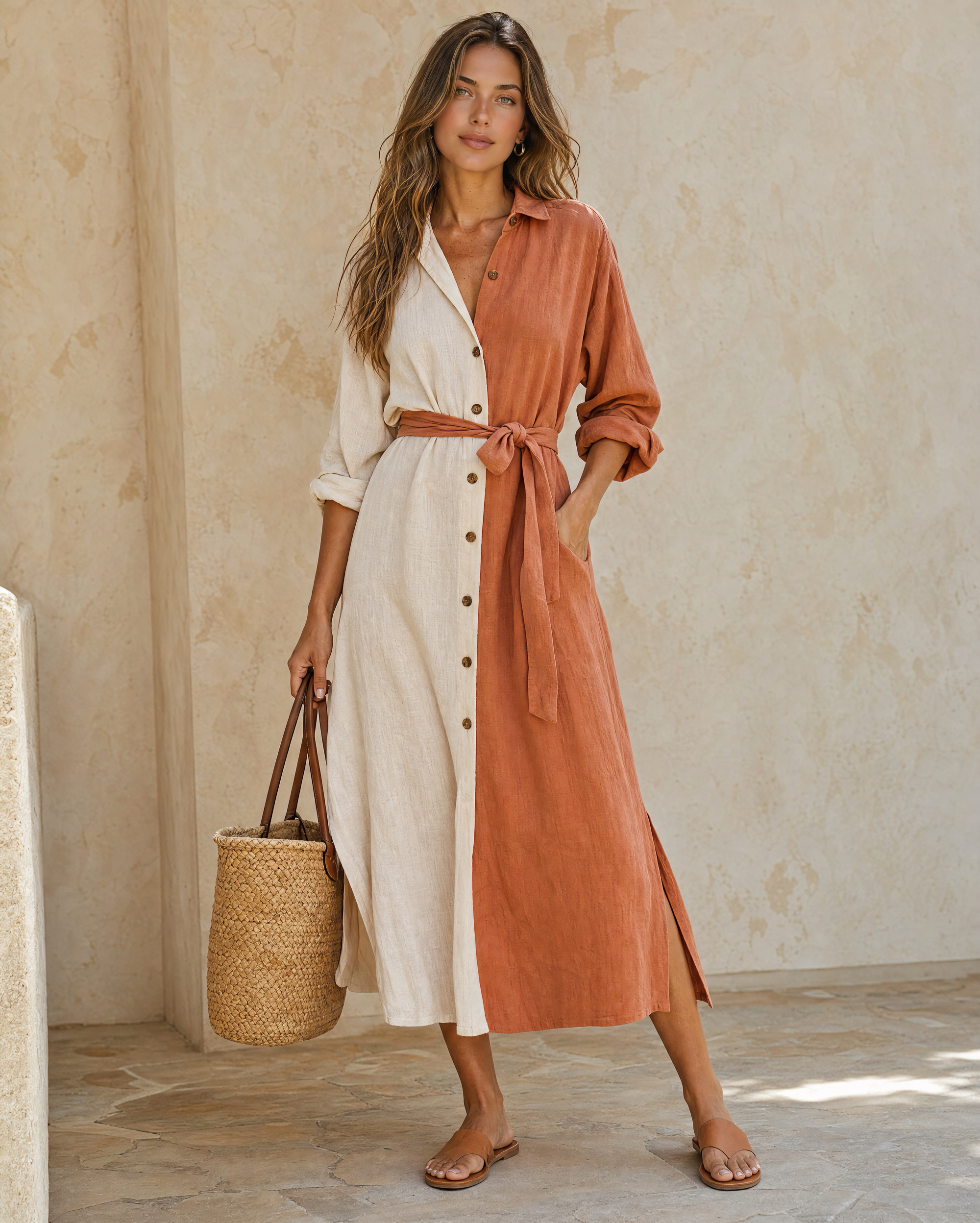 Boho Two Tone Color Block Linen Shirt Midi Dress Self Tie Waist Split Vacation Dress MVA000560AA